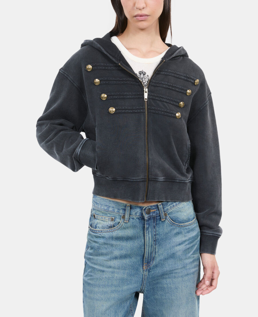 The Kooples WOMEN BLACK WASHED black officer style hoodie