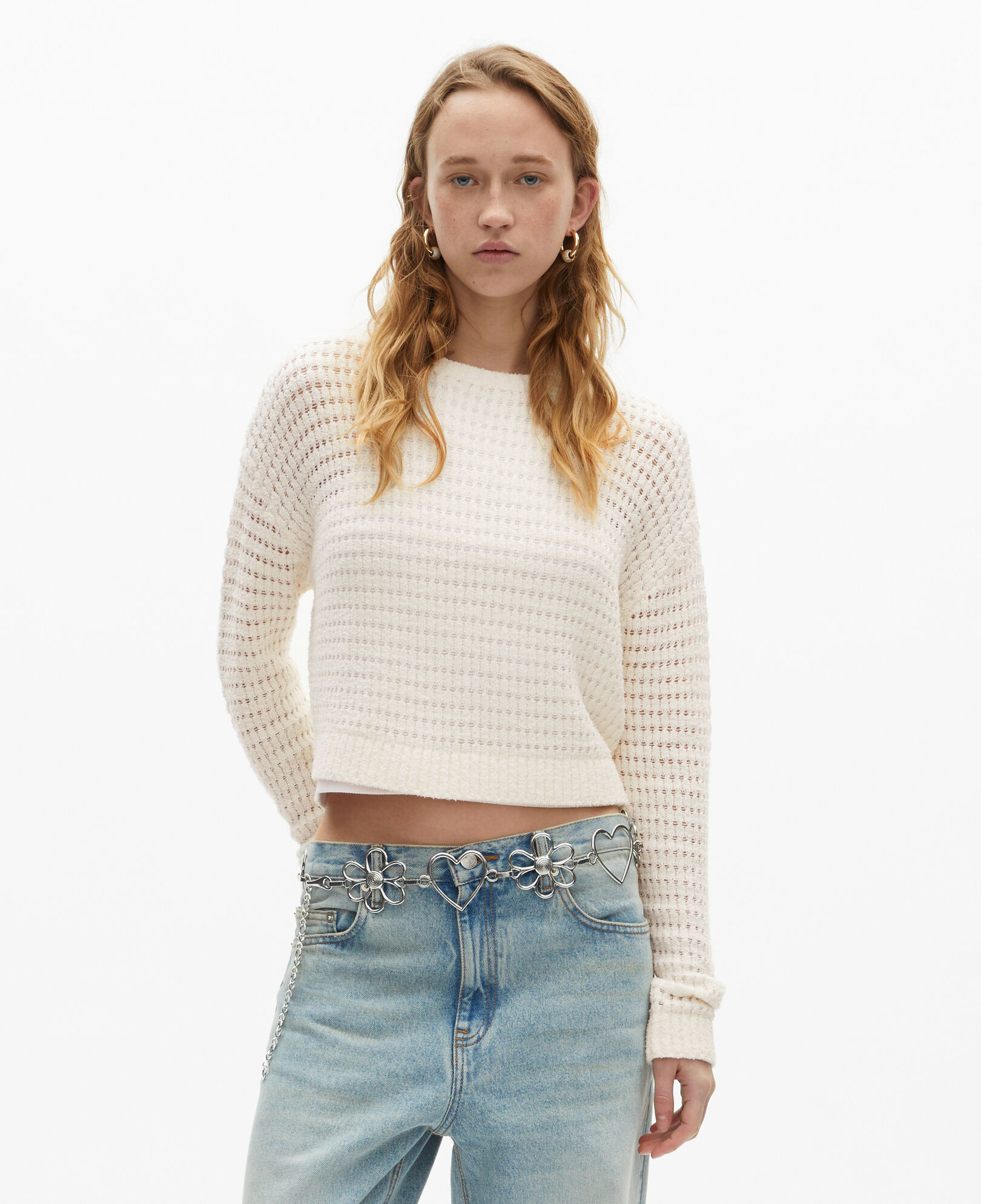 The Kooples WOMEN ECRU short ecru openwork cotton blend sweater
