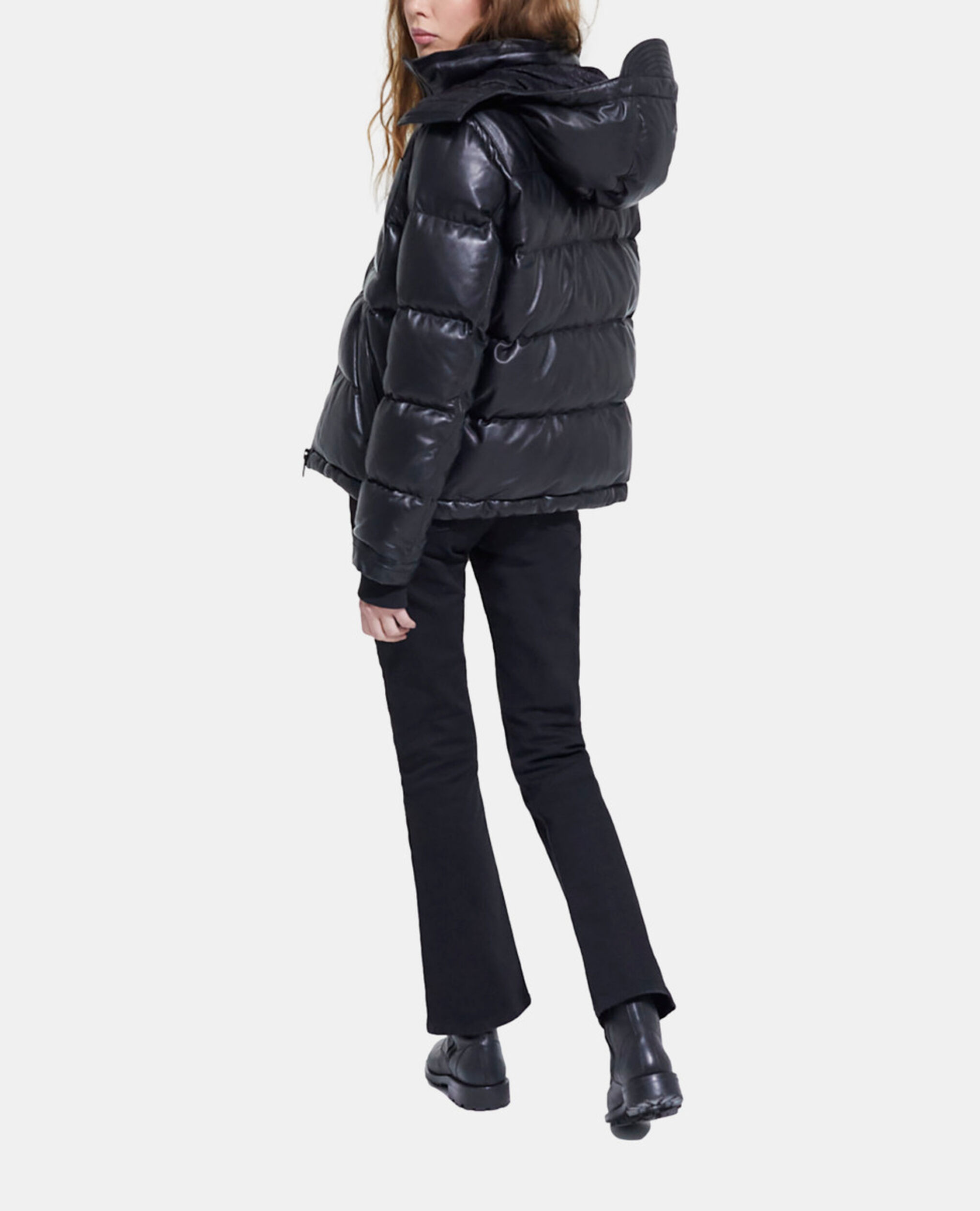 Black leather down jacket with straps and logo | The Kooples - US