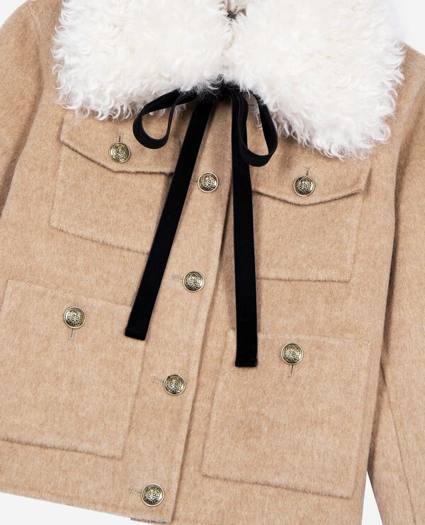 Women's Short wool jacket with beige sherpa collar The Kooples