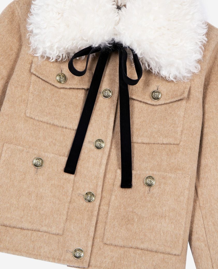 The Kooples FEMME BEIGE LINEN blouson court en laine col sherpa beige