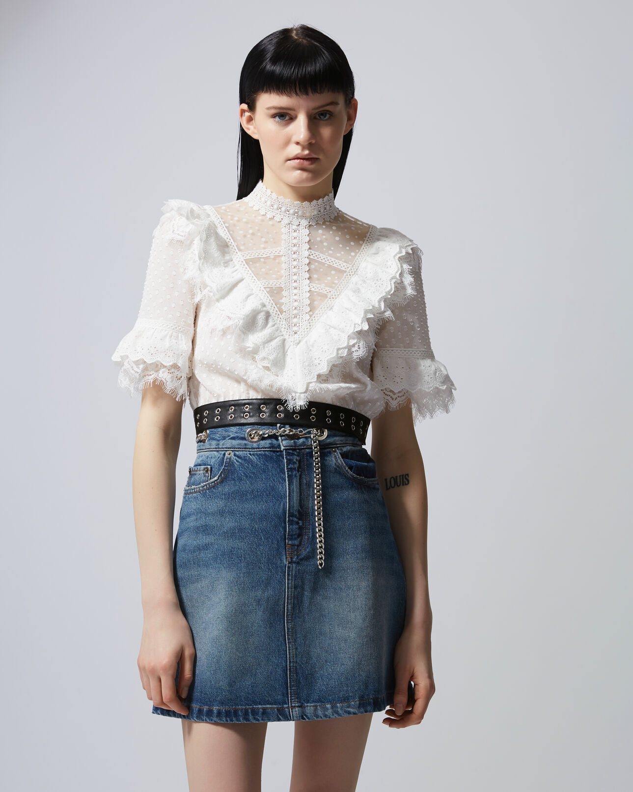 The Kooples MUJER ECRU top bordado blanco crudo cinturón efecto piel