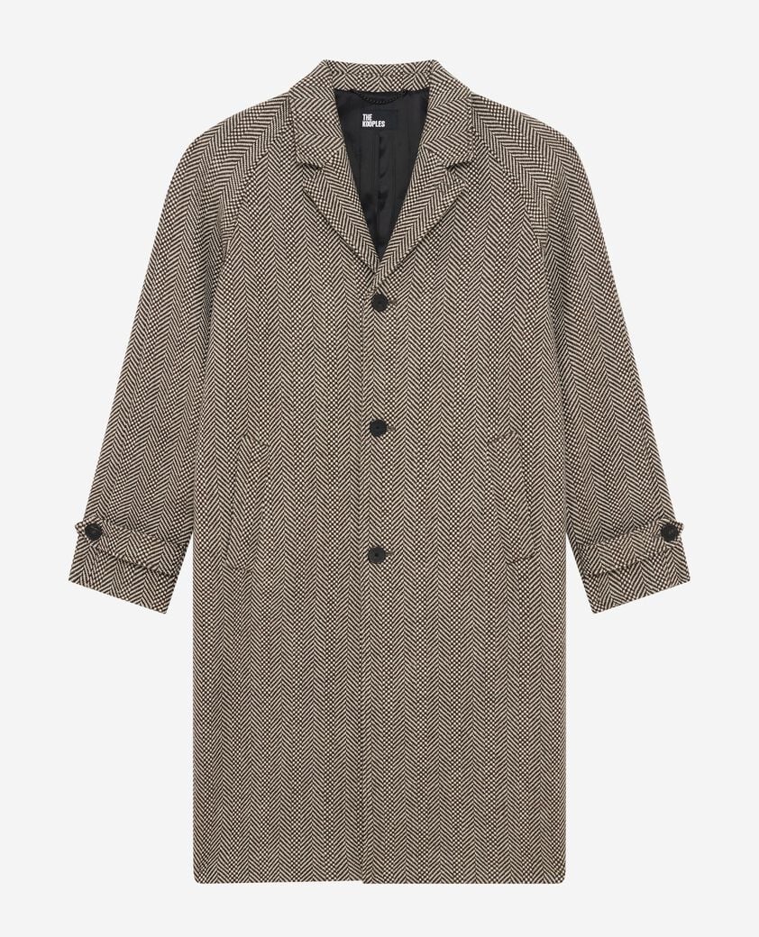 The Kooples DAMEN BROWN CHEVRON langer mantel mit braun-weißem fischgrätenmuster