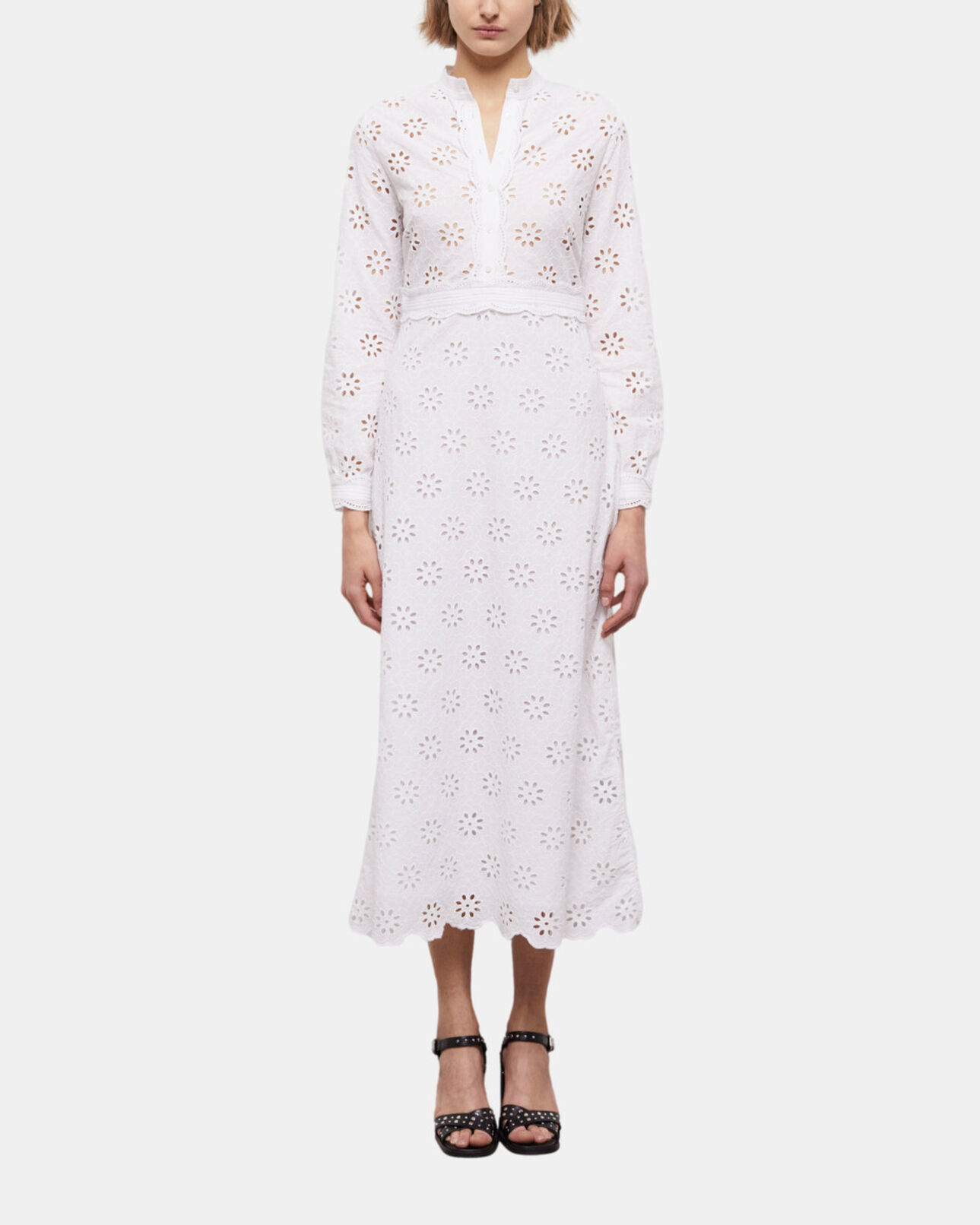 The Kooples DAMEN WHITE langes, weißes kleid mit englischer stickerei