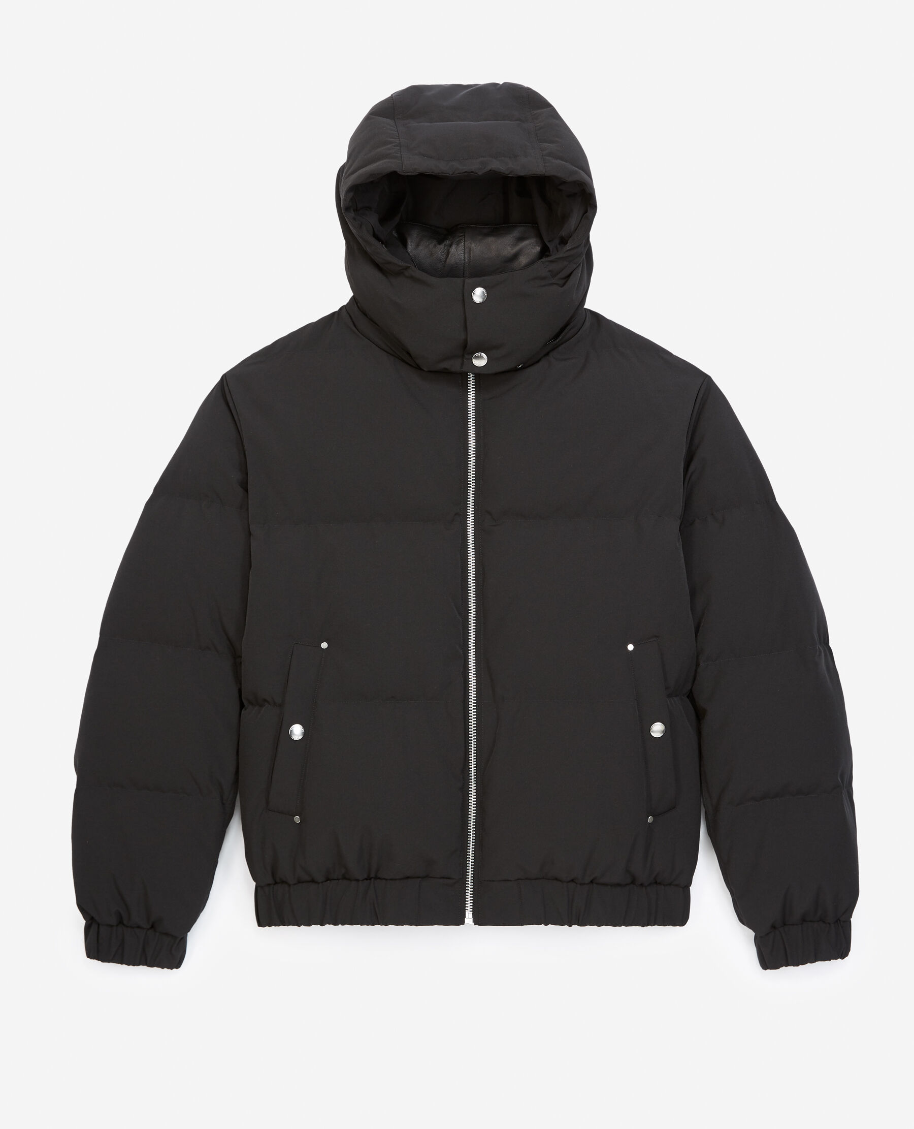 Doudoune capuche nylon noir detail cuir