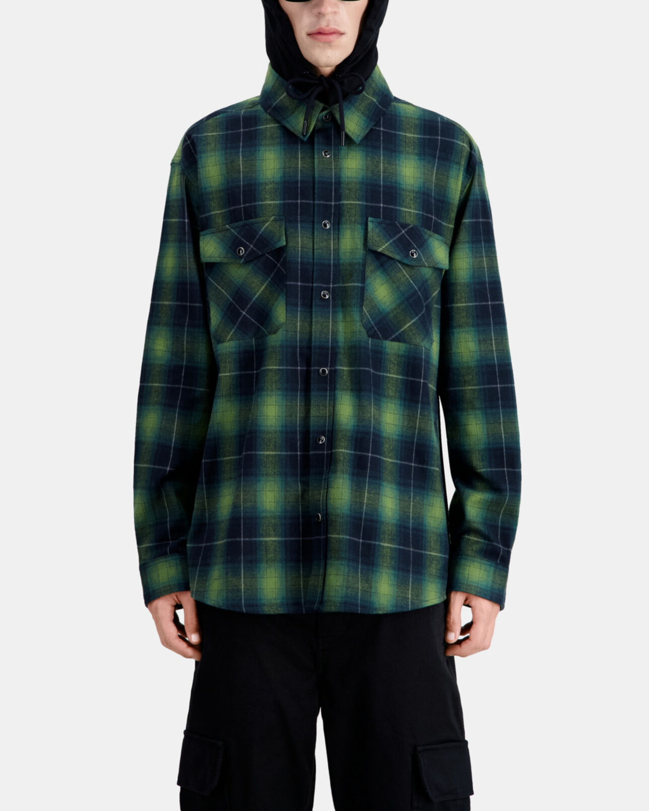 The Kooples HERREN BLACK / GREEN schwarz-grün kariertes jackenhemd mit kapuze