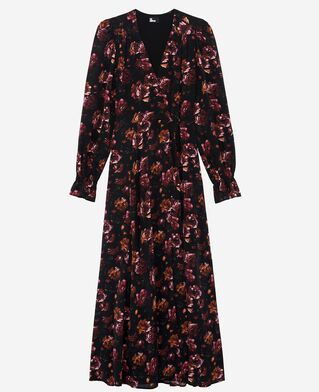 The Kooples FEMME BLACK - RED robe longue imprim&eacute; fleuri en soie m&eacute;lang&eacute;e bordeaux