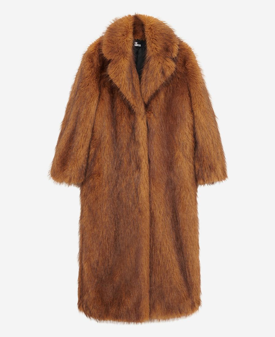 The Kooples FEMME CHOCOLATE manteau long effet fourrure marron