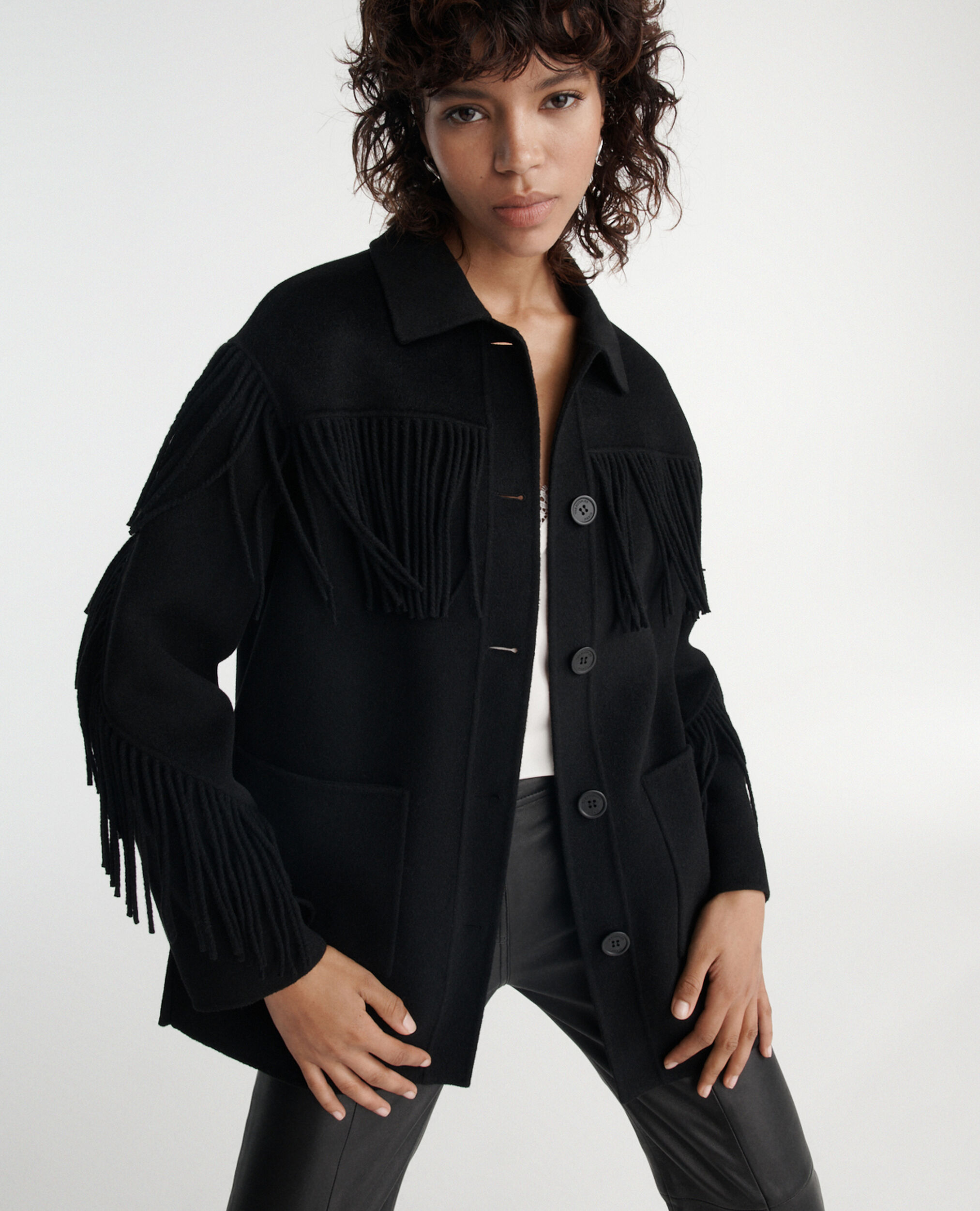 Black wool jacket with western-style fringing, BLACK, hi-res image number null