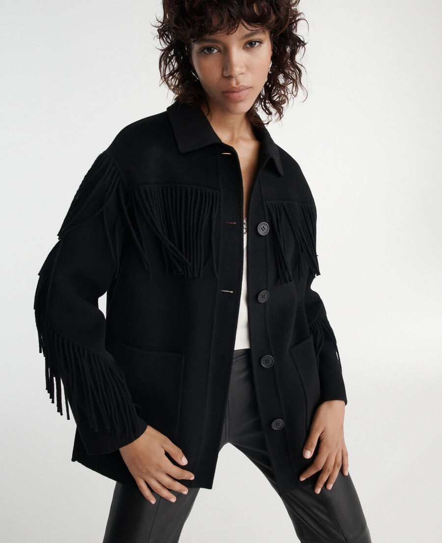 black wool jacket with western-style fringing