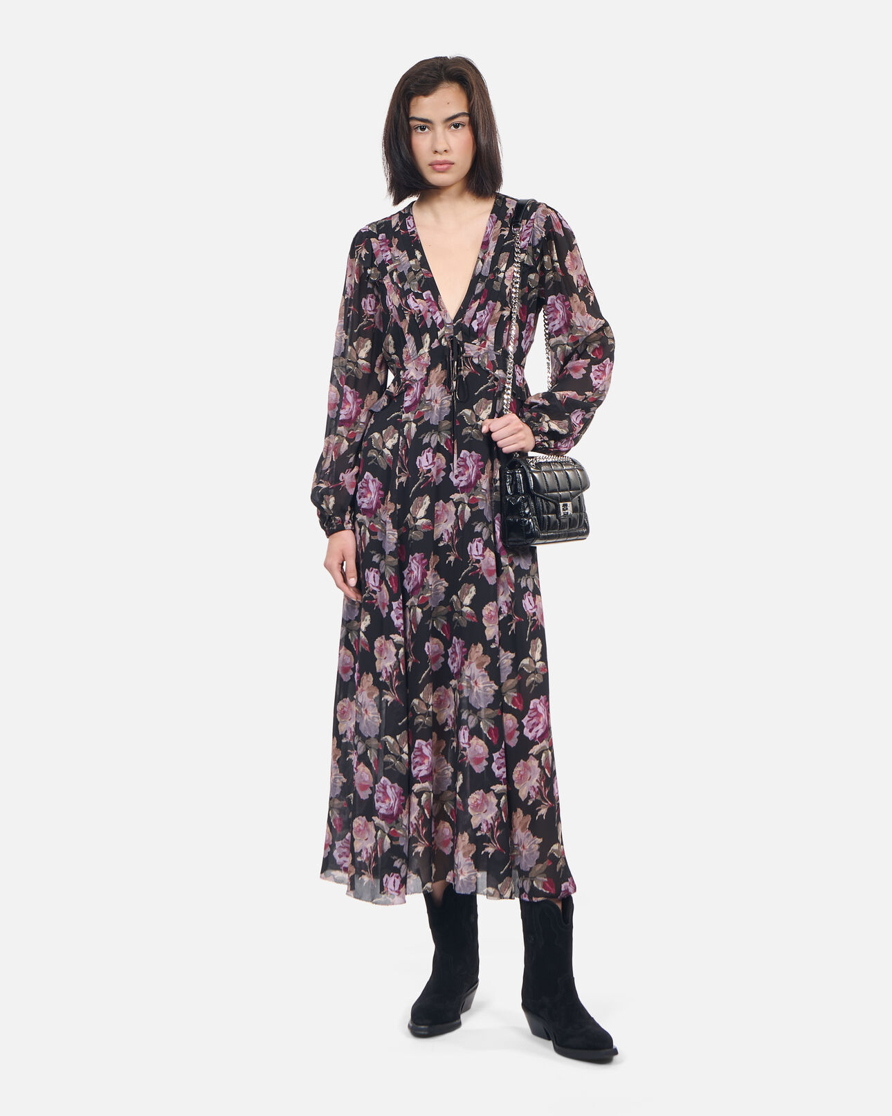 The Kooples WOMEN BLACK / PURPLE black long floral print dress
