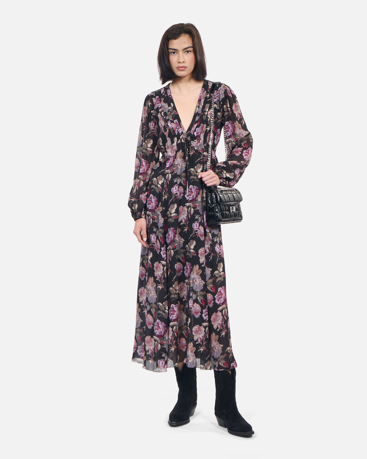 Black long floral print dress, BLACK / PURPLE, hi-res image number null