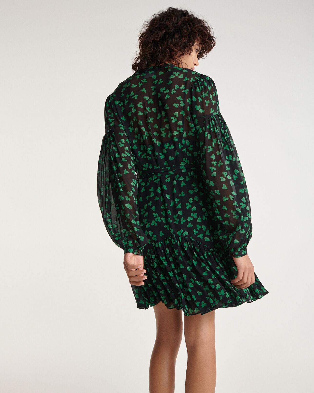 The Kooples WOMEN BLACK / GREEN short black dress with green pattern and belt