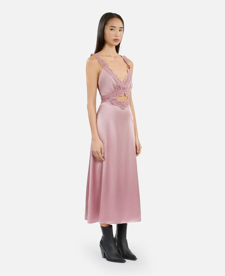 long lilac slip dress with guipure