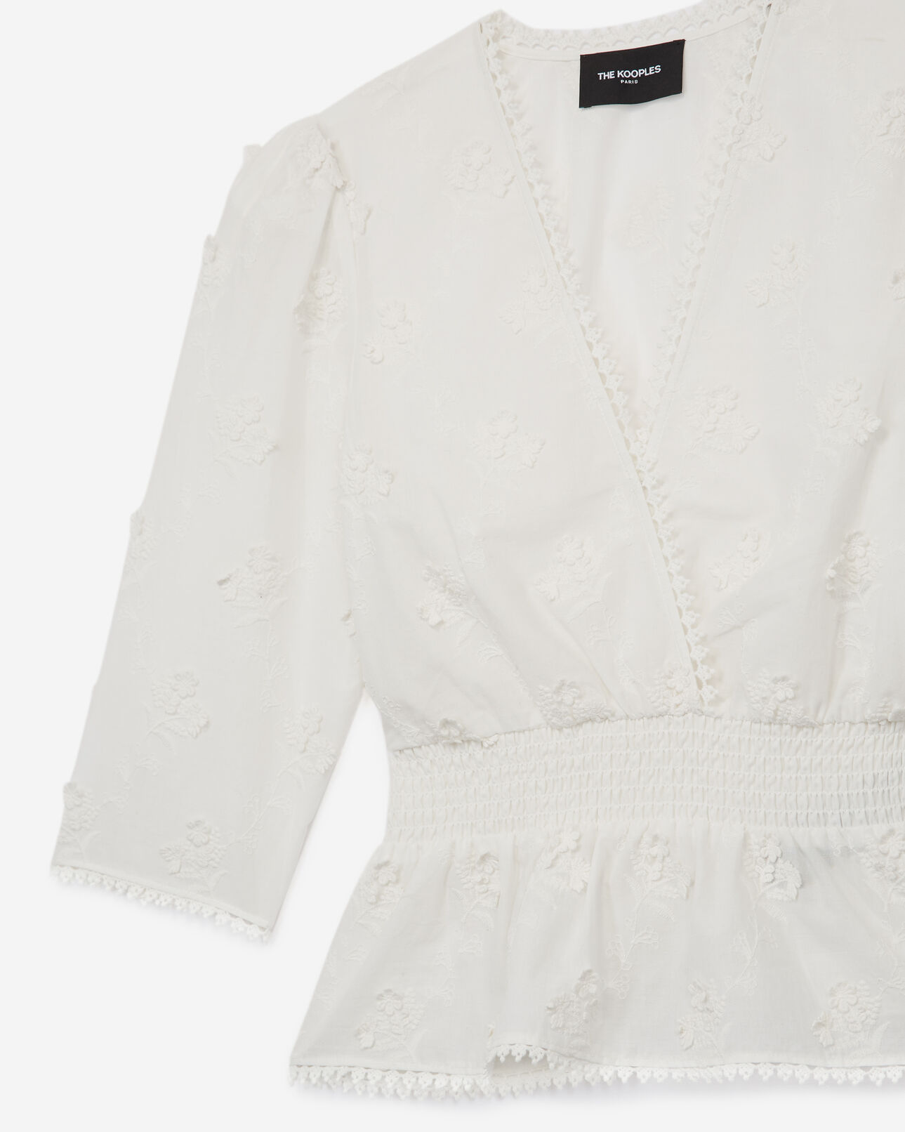 The Kooples FEMME ECRU top coton écru à smocks et fleurs relief