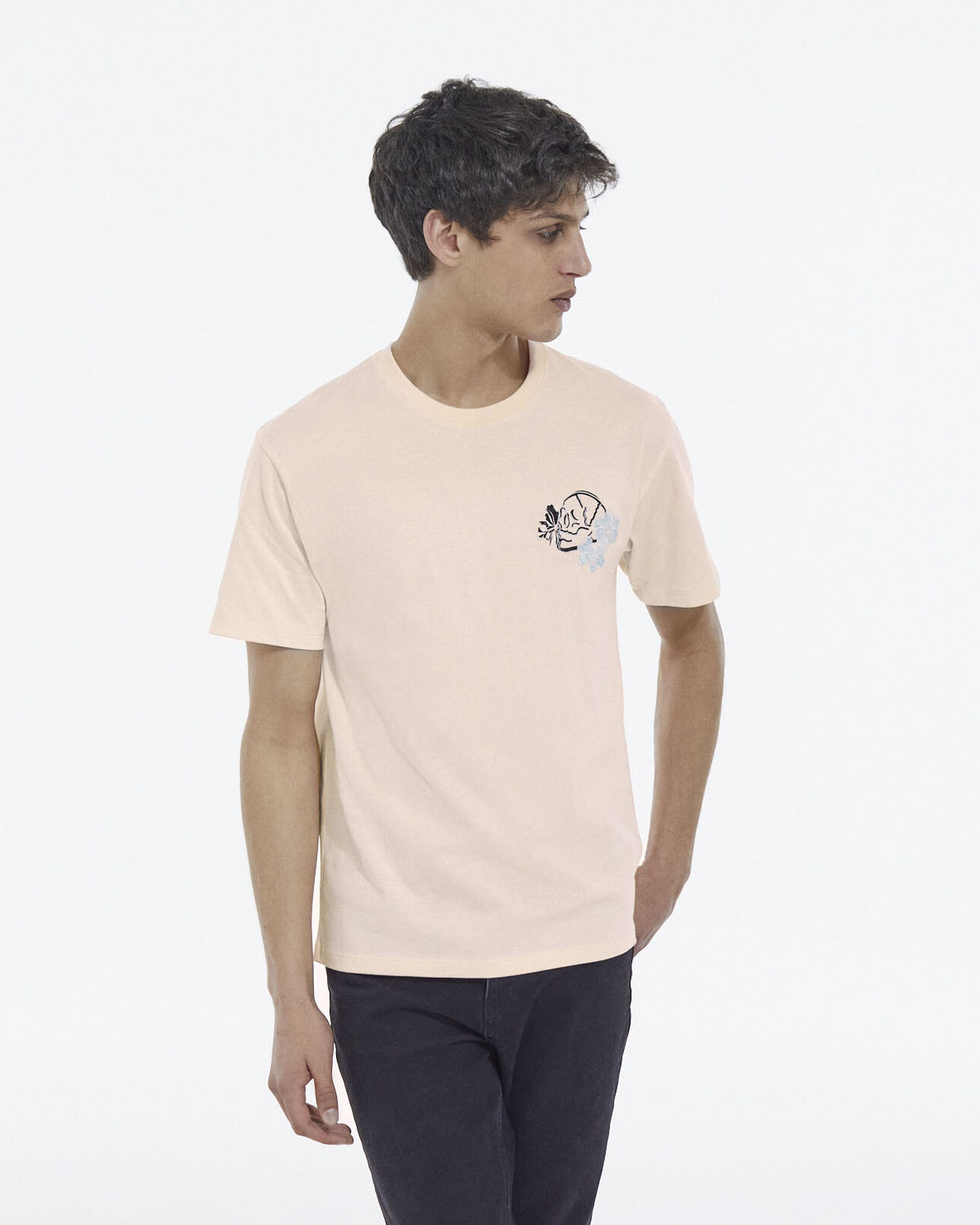 The Kooples HOMME PINK t-shirt rose imprimé tête de mort et fleurs