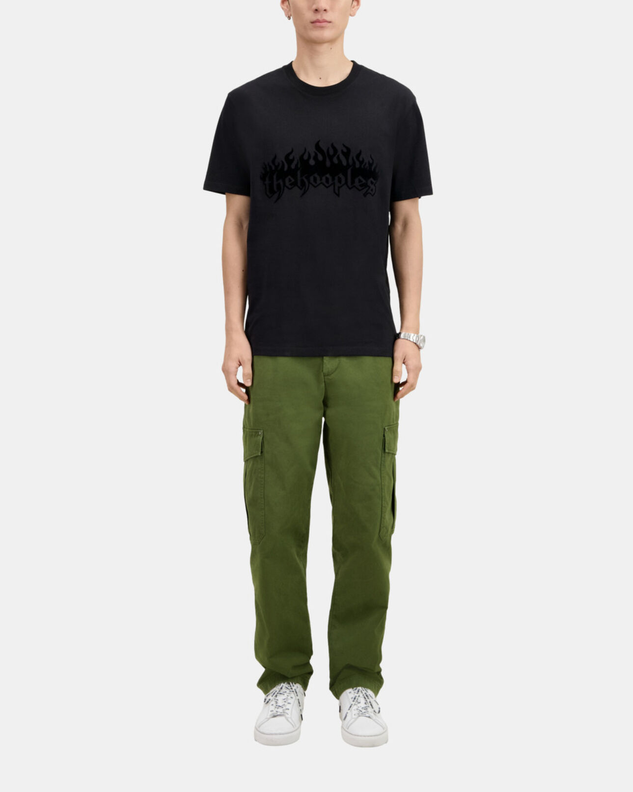 The Kooples HOMME BLACK t-shirt homme noir avec flocage kooples on fire en velours