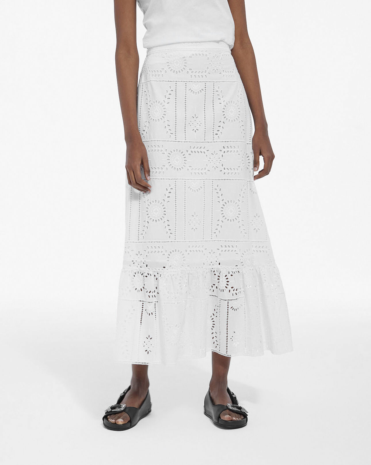 The Kooples WOMEN WHITE flowing white cotton long skirt w/ embroidery