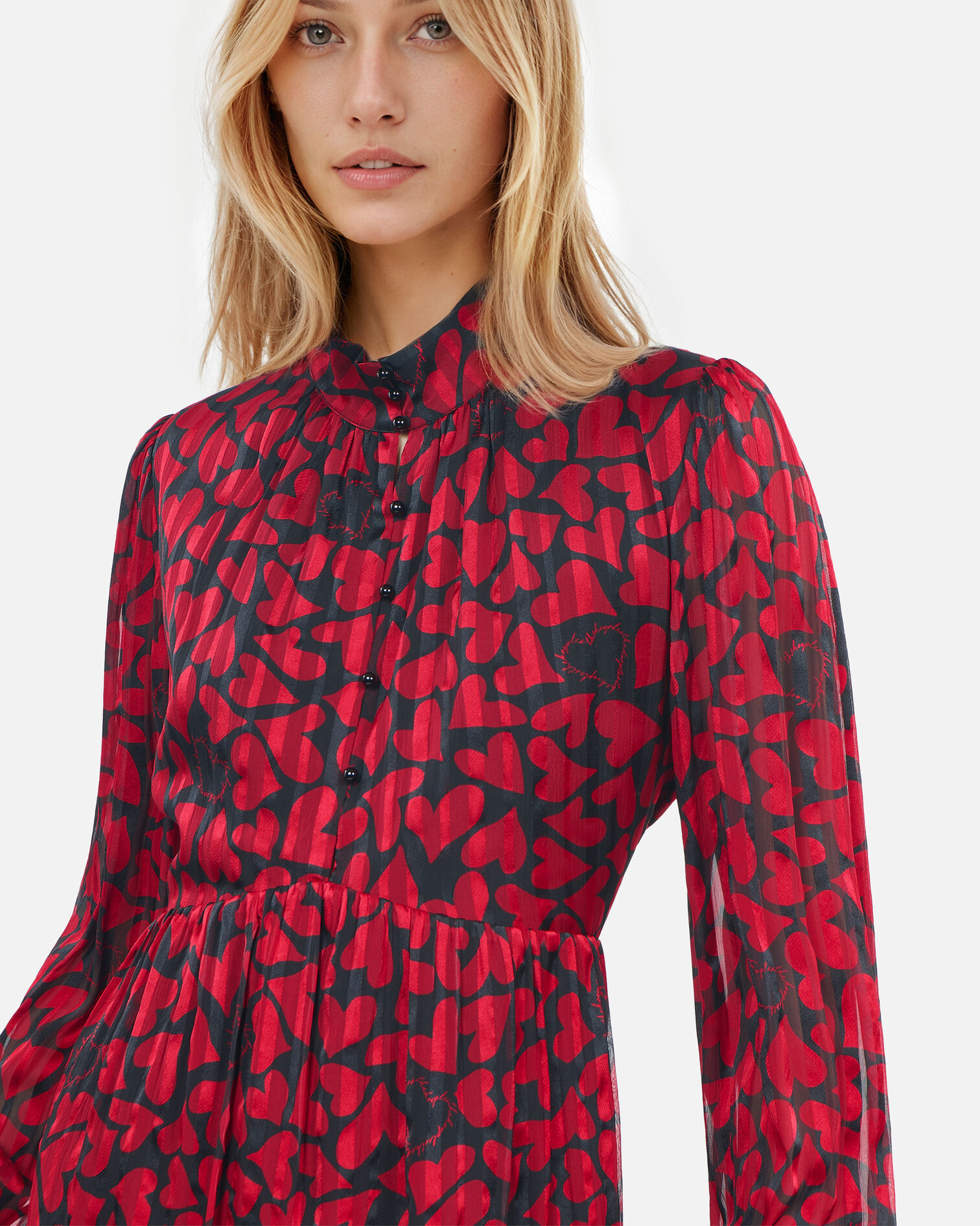 Short pleated heart print dress, BLACK - RED, hi-res image number null
