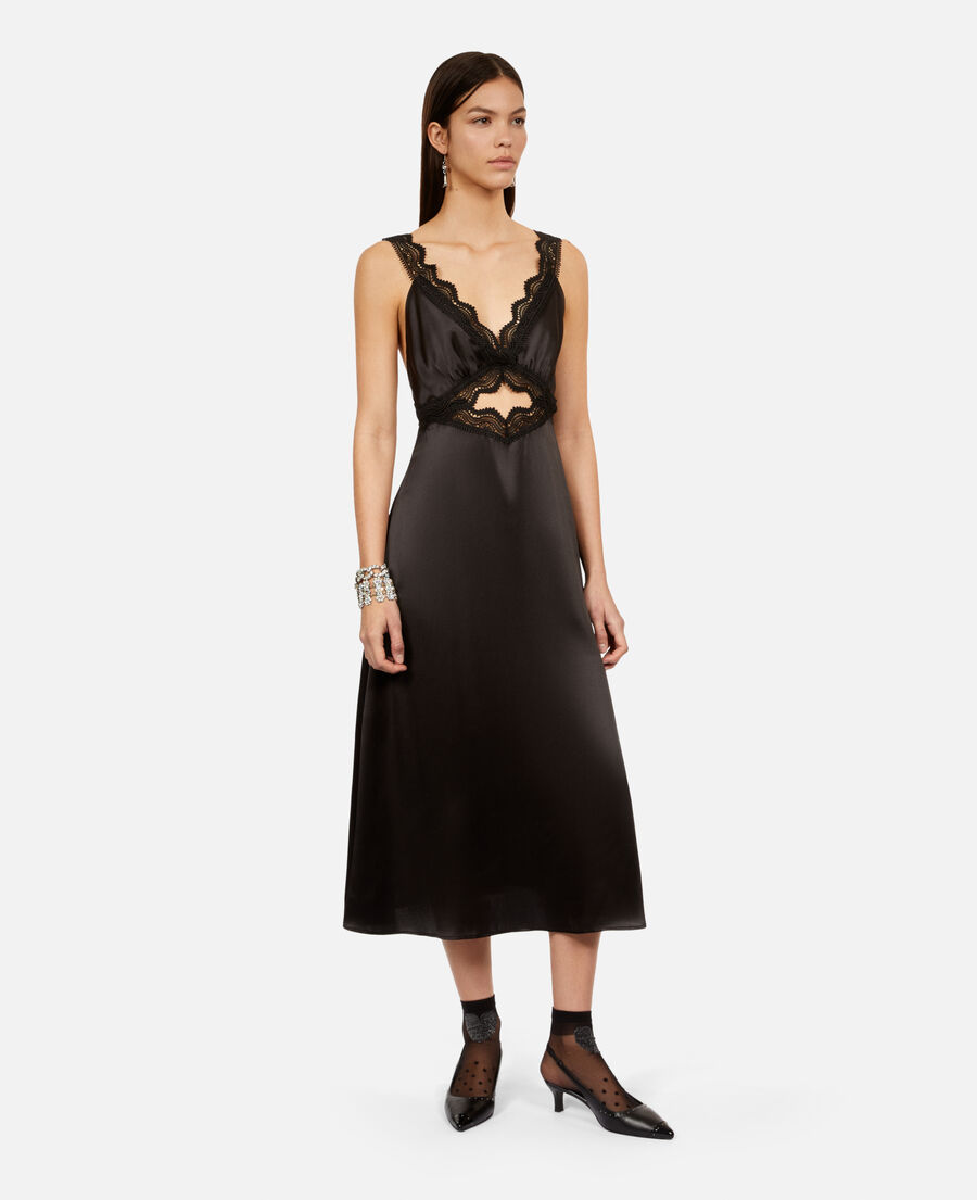 long black slip dress with guipure
