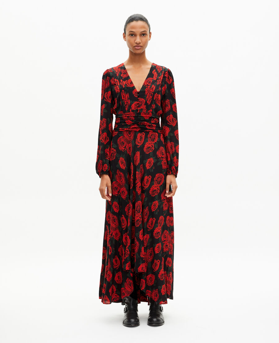 The Kooples FEMME BLACK - RED robe longue imprim&eacute; fleuri rouge