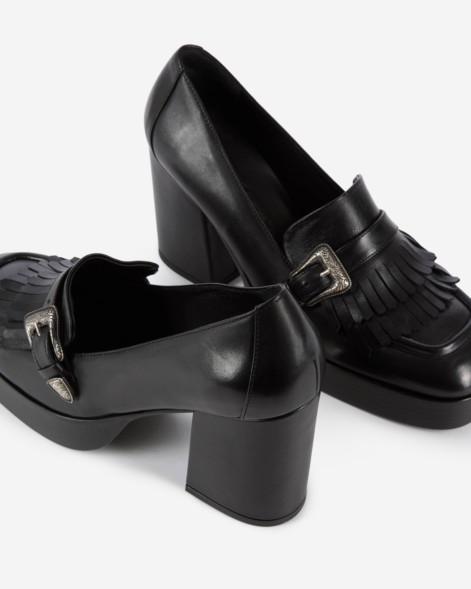 Black leather heeled loafers, BLACK, hi-res image number null