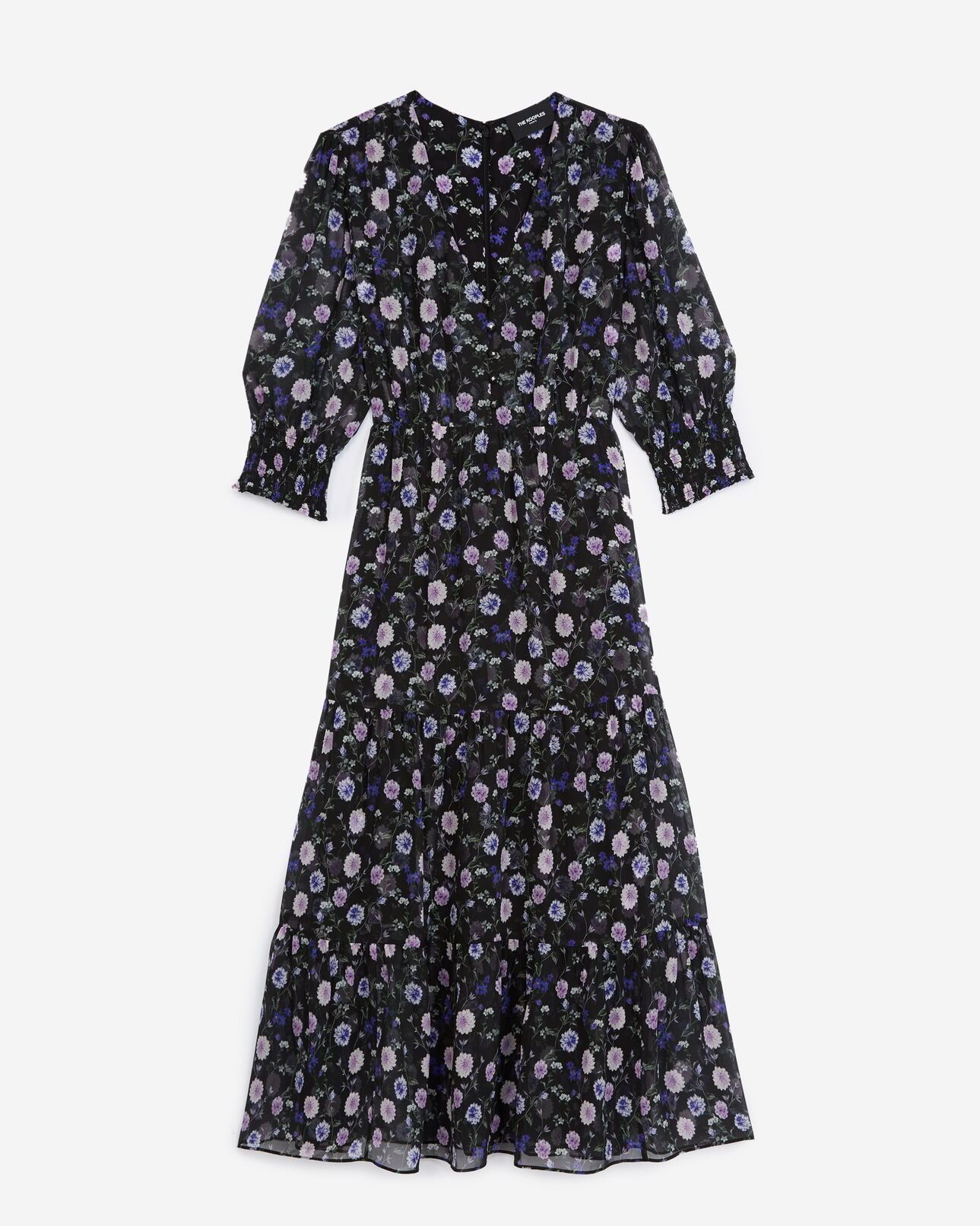 The Kooples WOMEN BLACK-PURPLE buttoned printed midi dress with frills