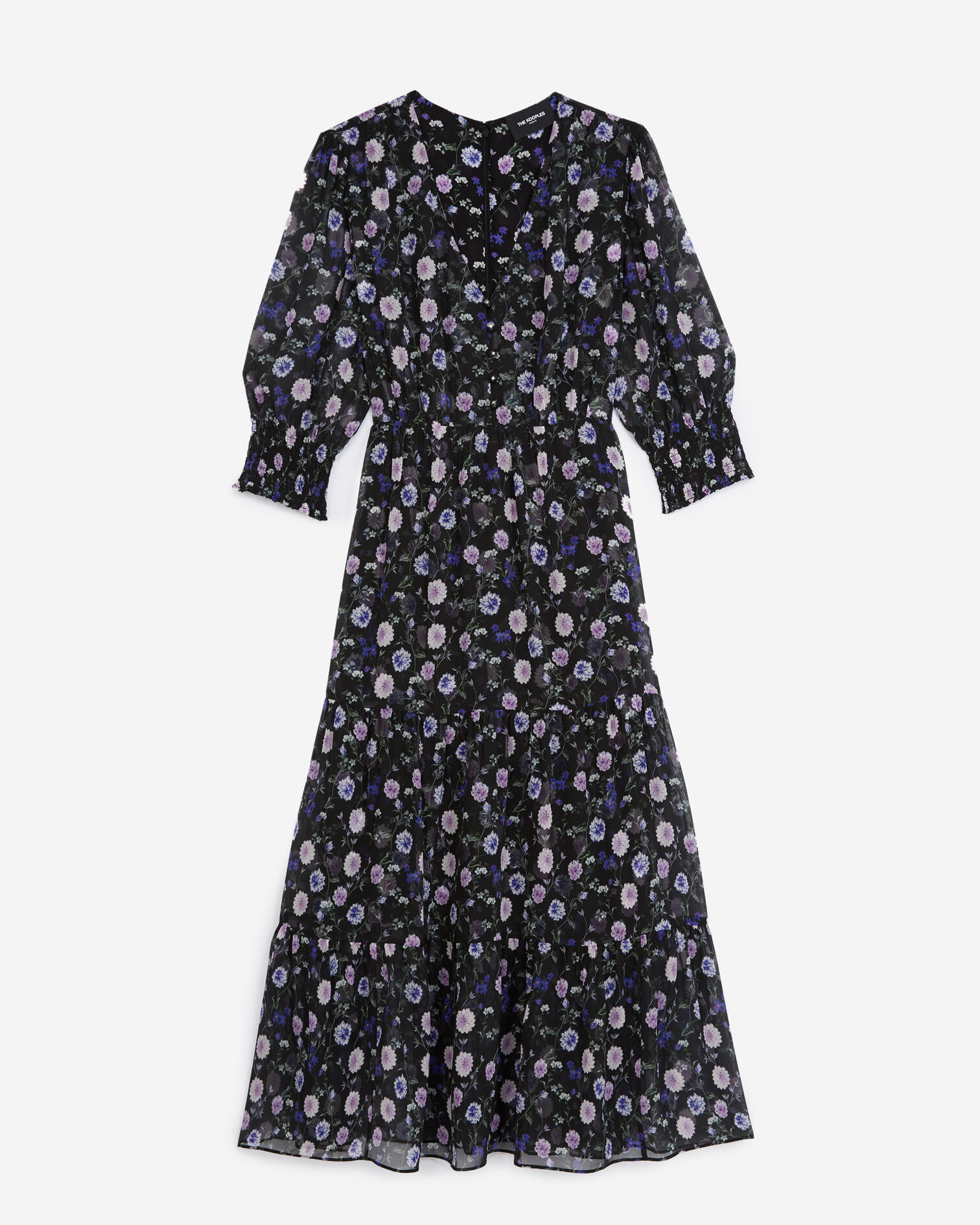 Buttoned printed midi dress with frills, BLACK-PURPLE, hi-res image number null