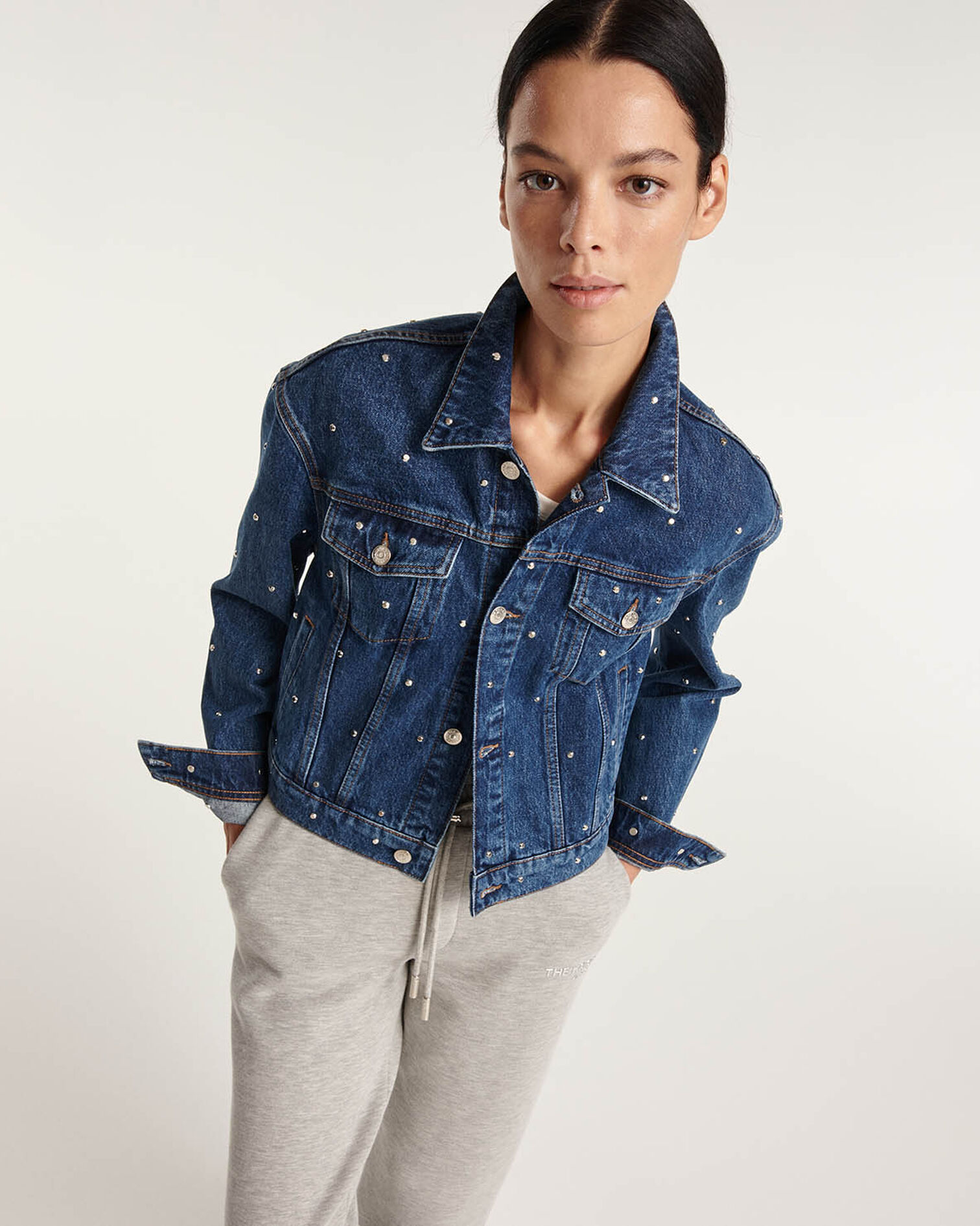 Blue denim jacket with studs all over, BLUE WASHED, hi-res image number null
