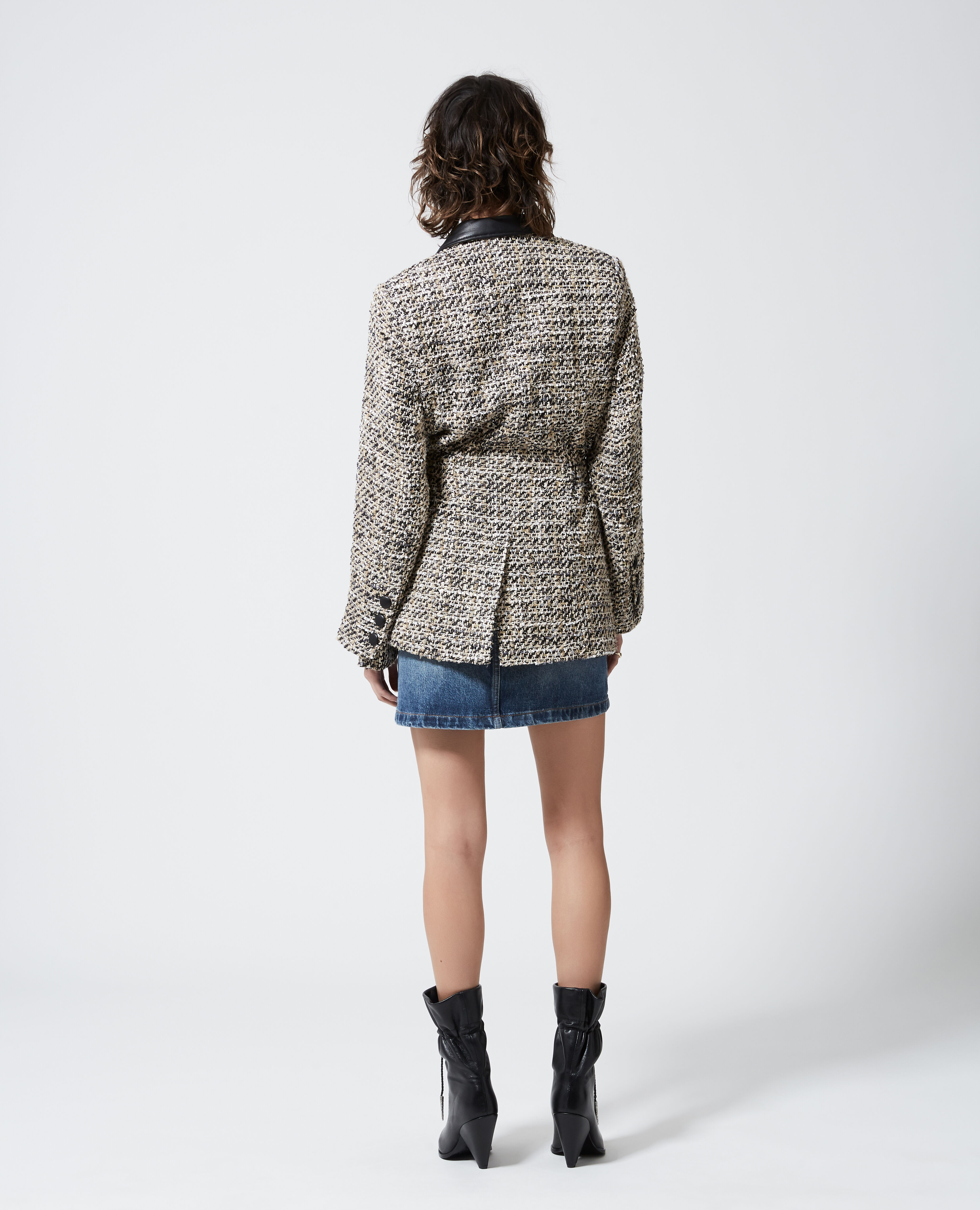 Fitted grey tweed jacket with leather details The Kooples