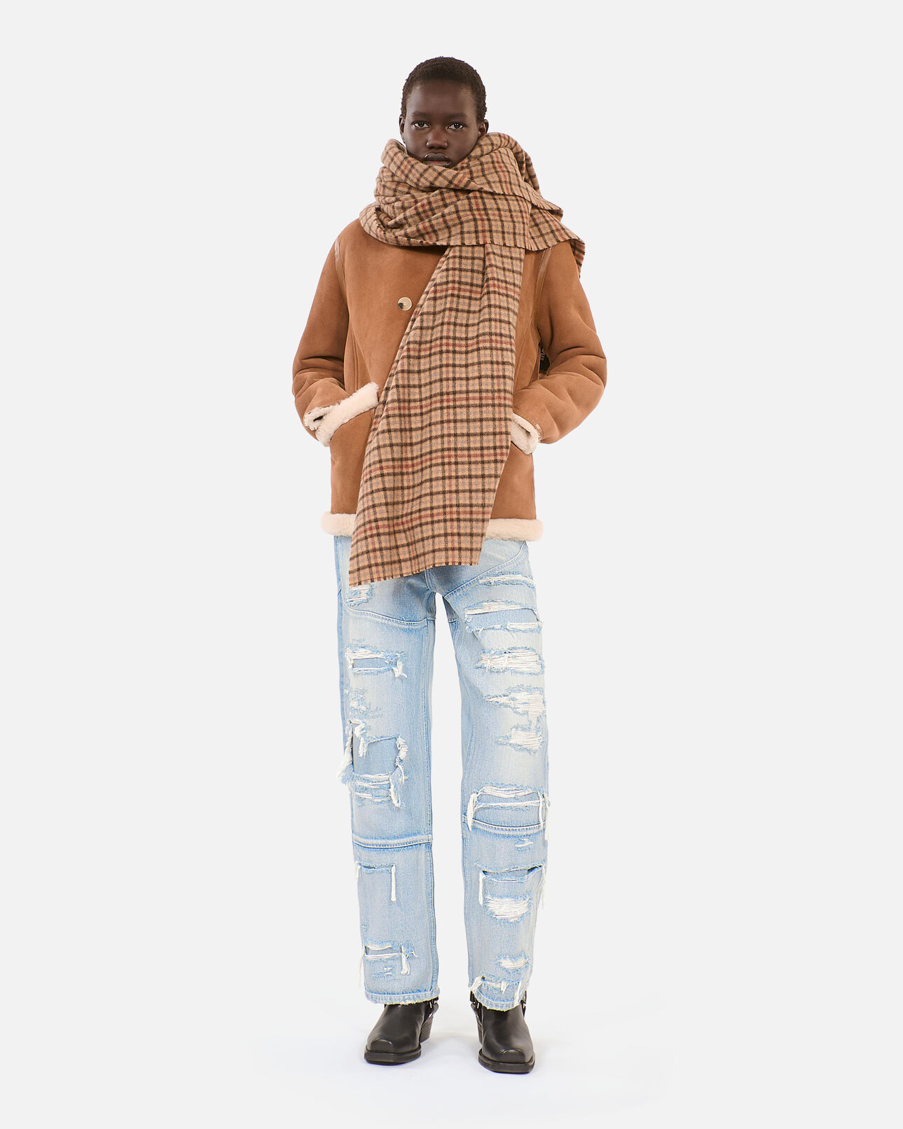 The Kooples MIXED BEIGE / BROWN / BLACK checked wool scarf