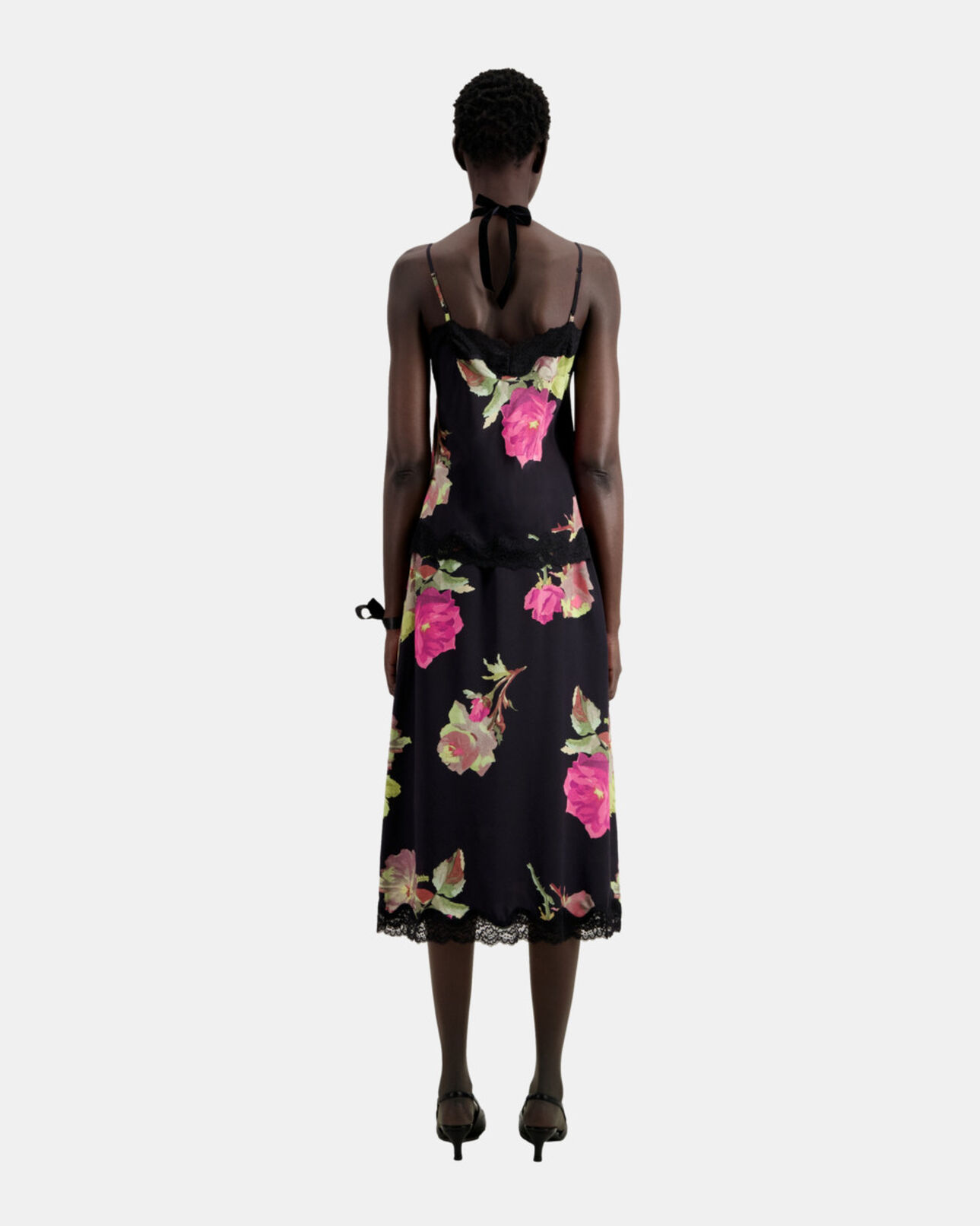 The Kooples WOMEN PINK BLACK printed silk camisole with lace