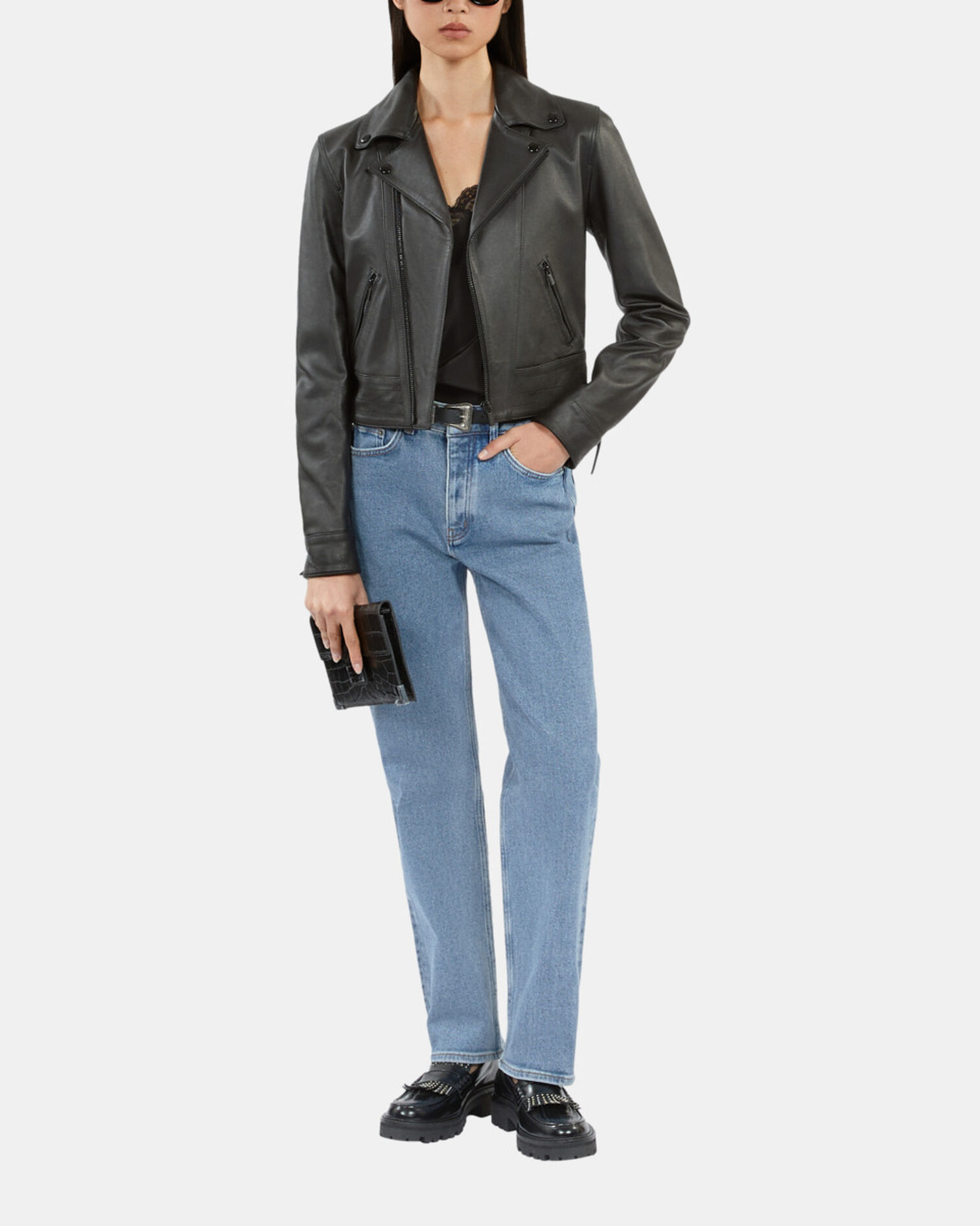 Black leather studded jacket, BLACK, hi-res image number null