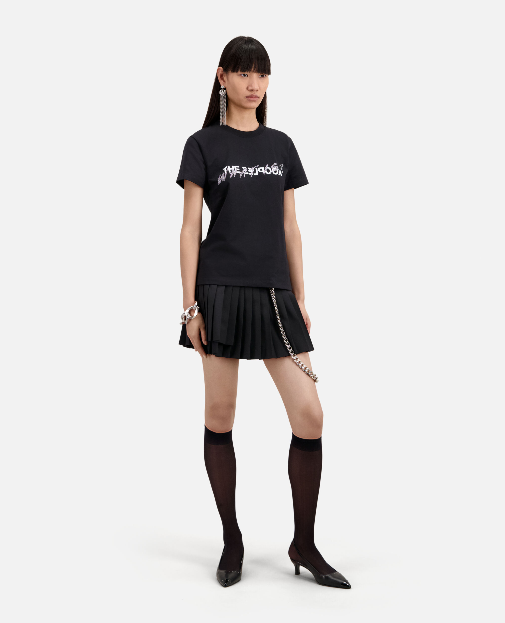 Schwarzes T-Shirt Damen mit „What is“-Strassbesatz, BLACK, hi-res image number null