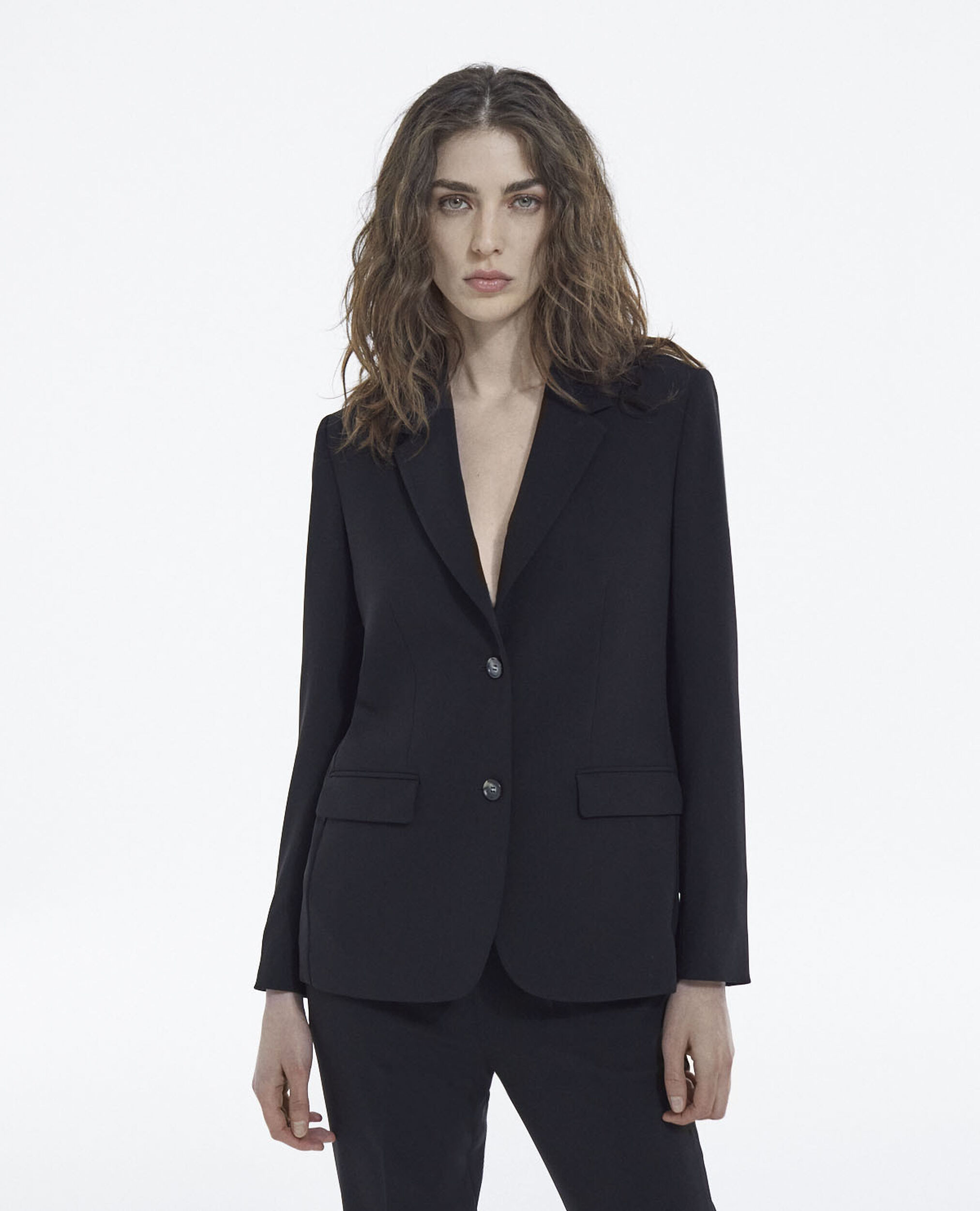 Flowing black jacket with two-button closure, BLACK, hi-res image number null