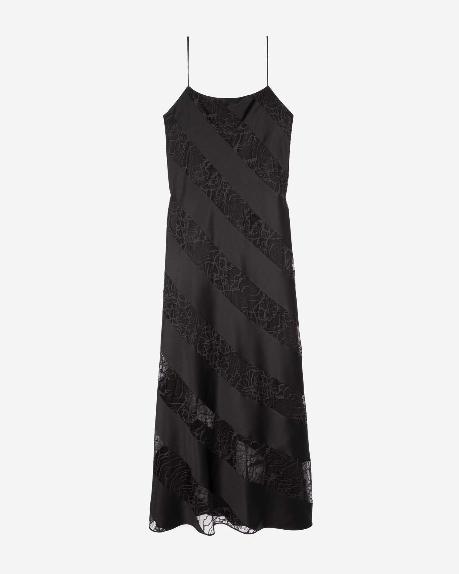 Robe nuisette longue en soie et dentelle noire, BLACK, hi-res image number null