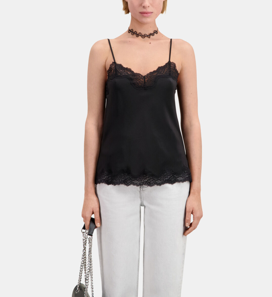 Black silk camisole with lace details The Kooples US