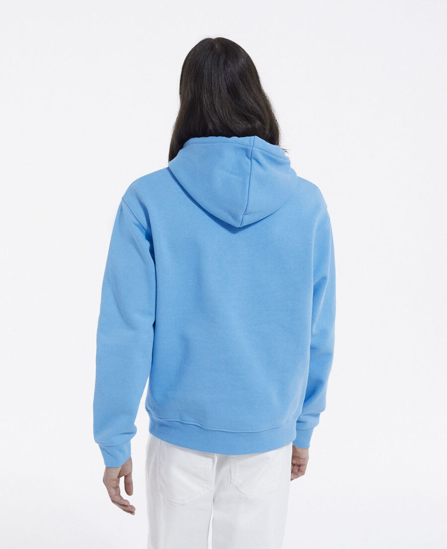 blue cotton hoodie with faded logo