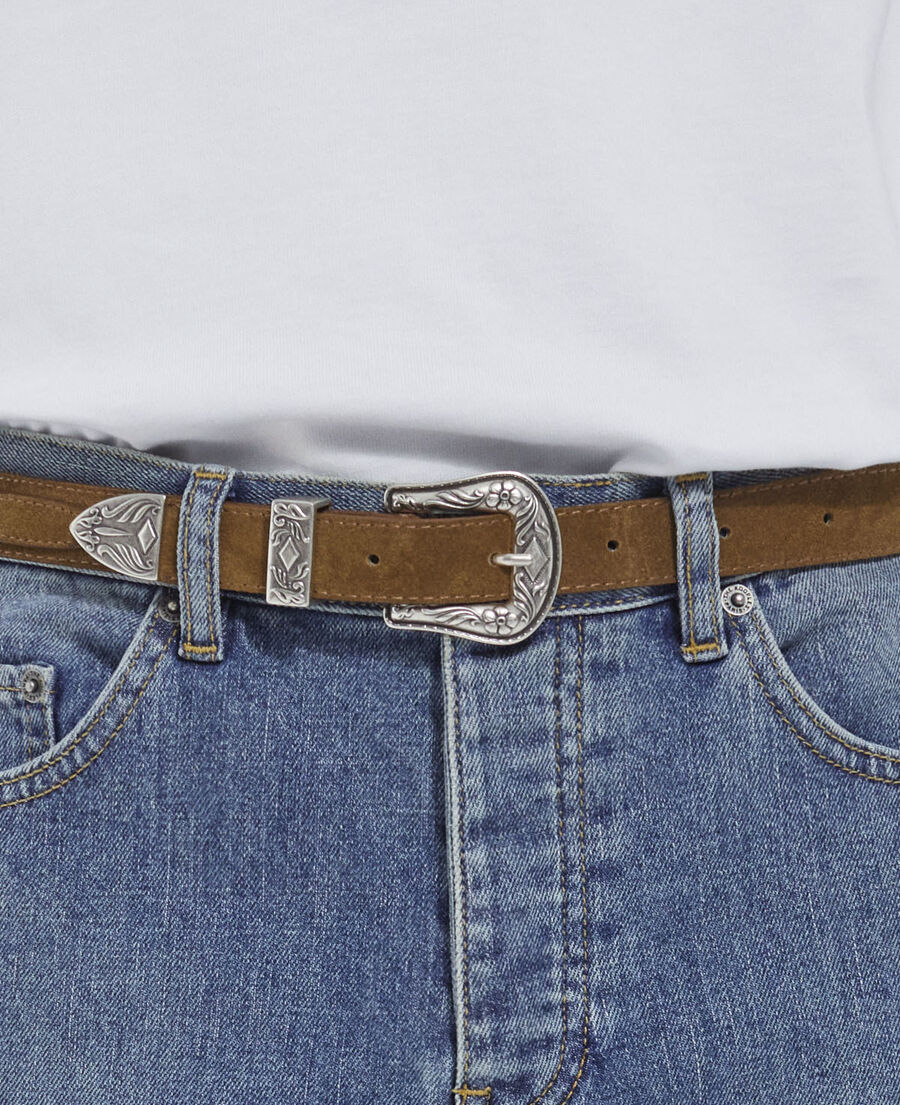 brown leather belt with western-style yokes
