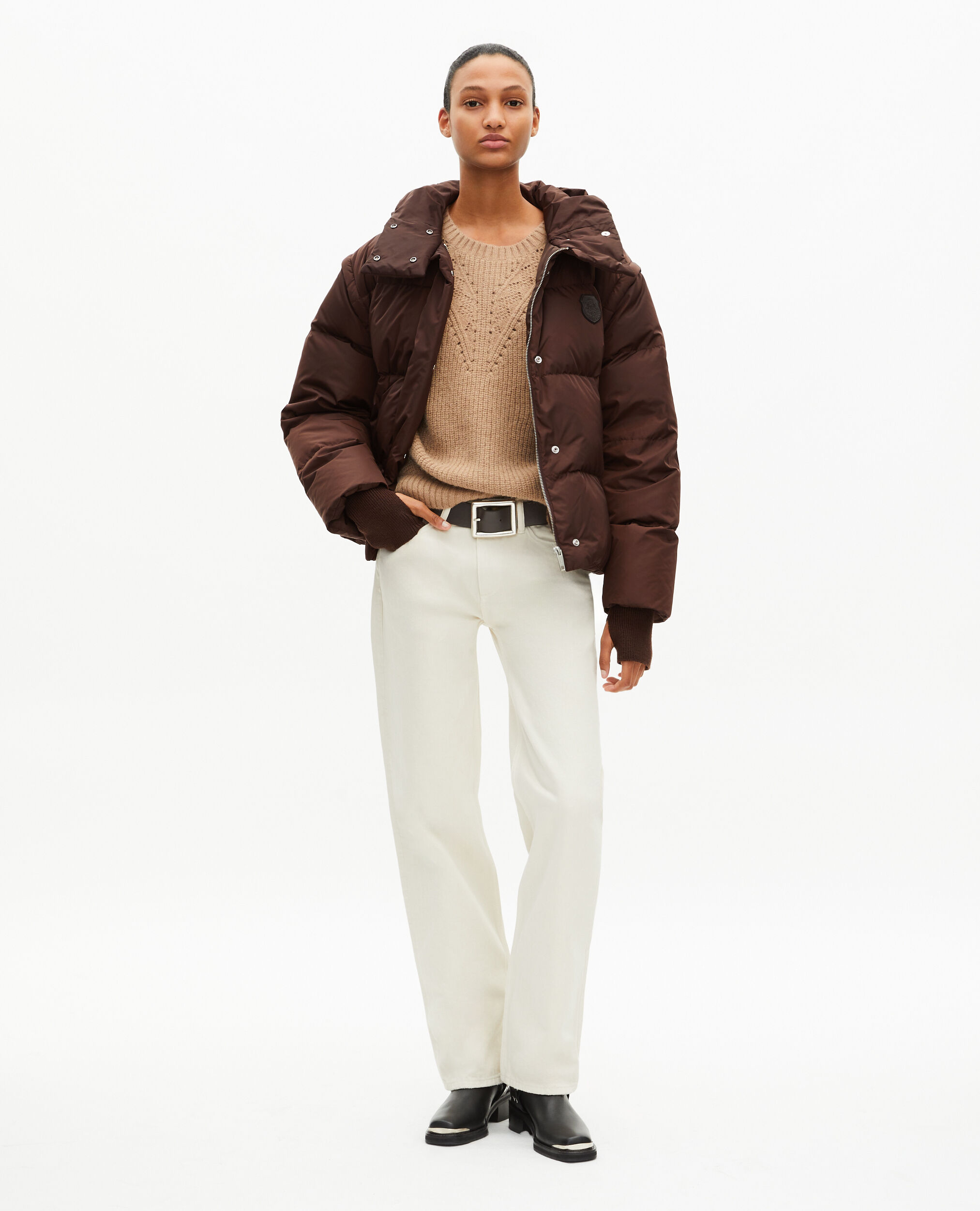 Brown down jacket with removable sleeves | The Kooples US