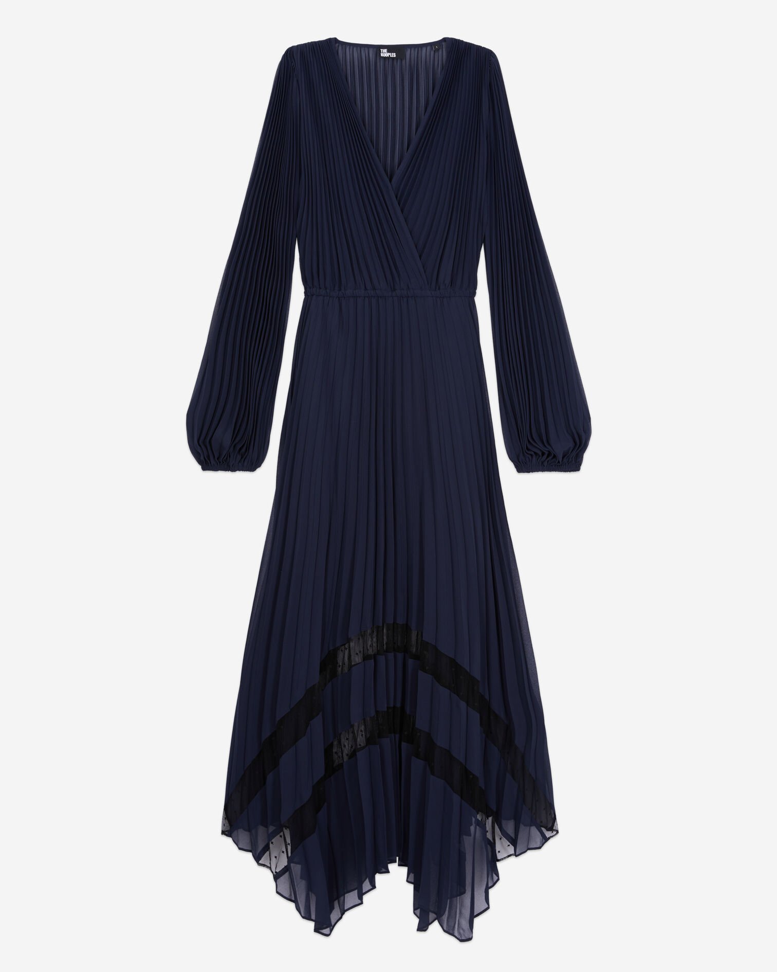 Robe longue plissée avec dentelle bleu marine, NAVY, hi-res image number null