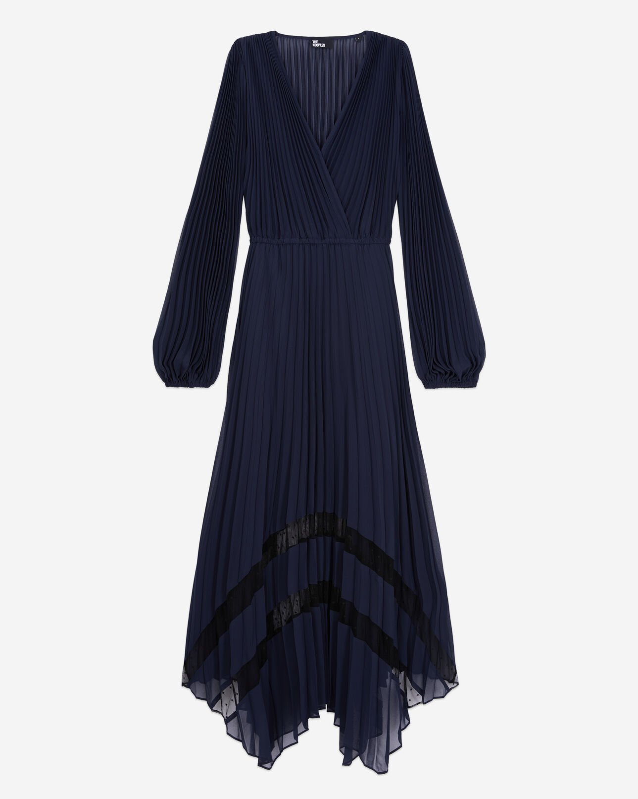 The Kooples DAMEN NAVY langes plisseekleid mit marineblauer spitze