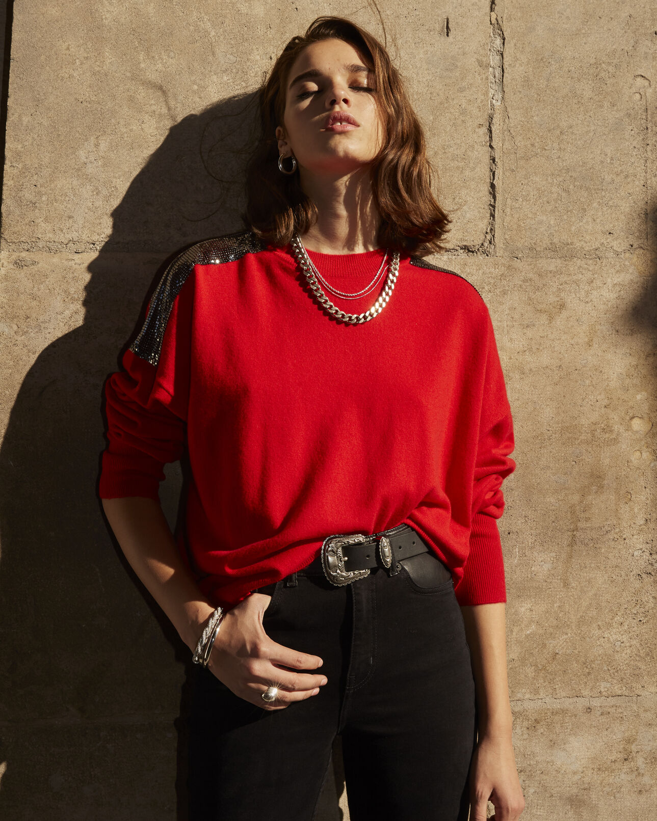 The Kooples FEMME RED pull cachemire rouge façon cotte de mailles