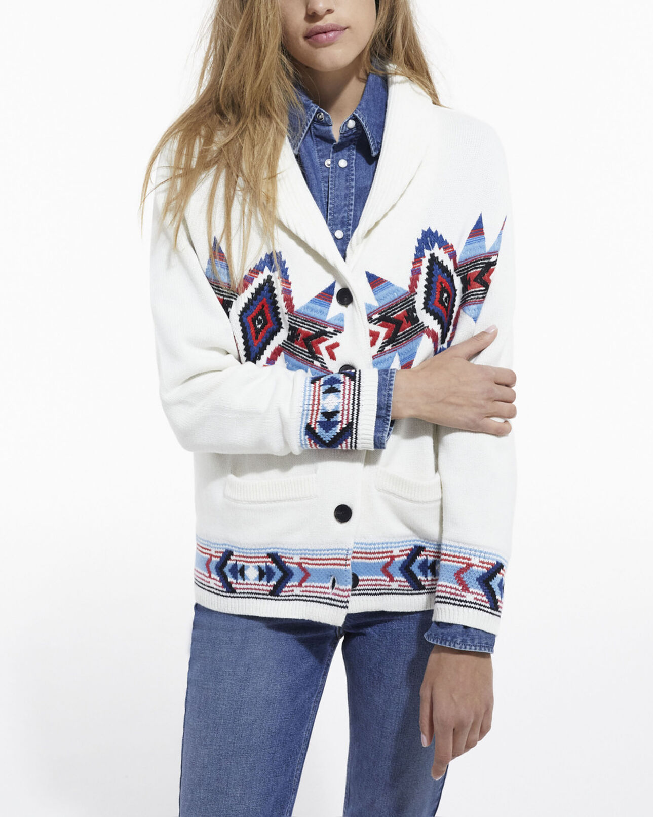 The Kooples FEMME OFF WHITE cardigan col châle à motifs