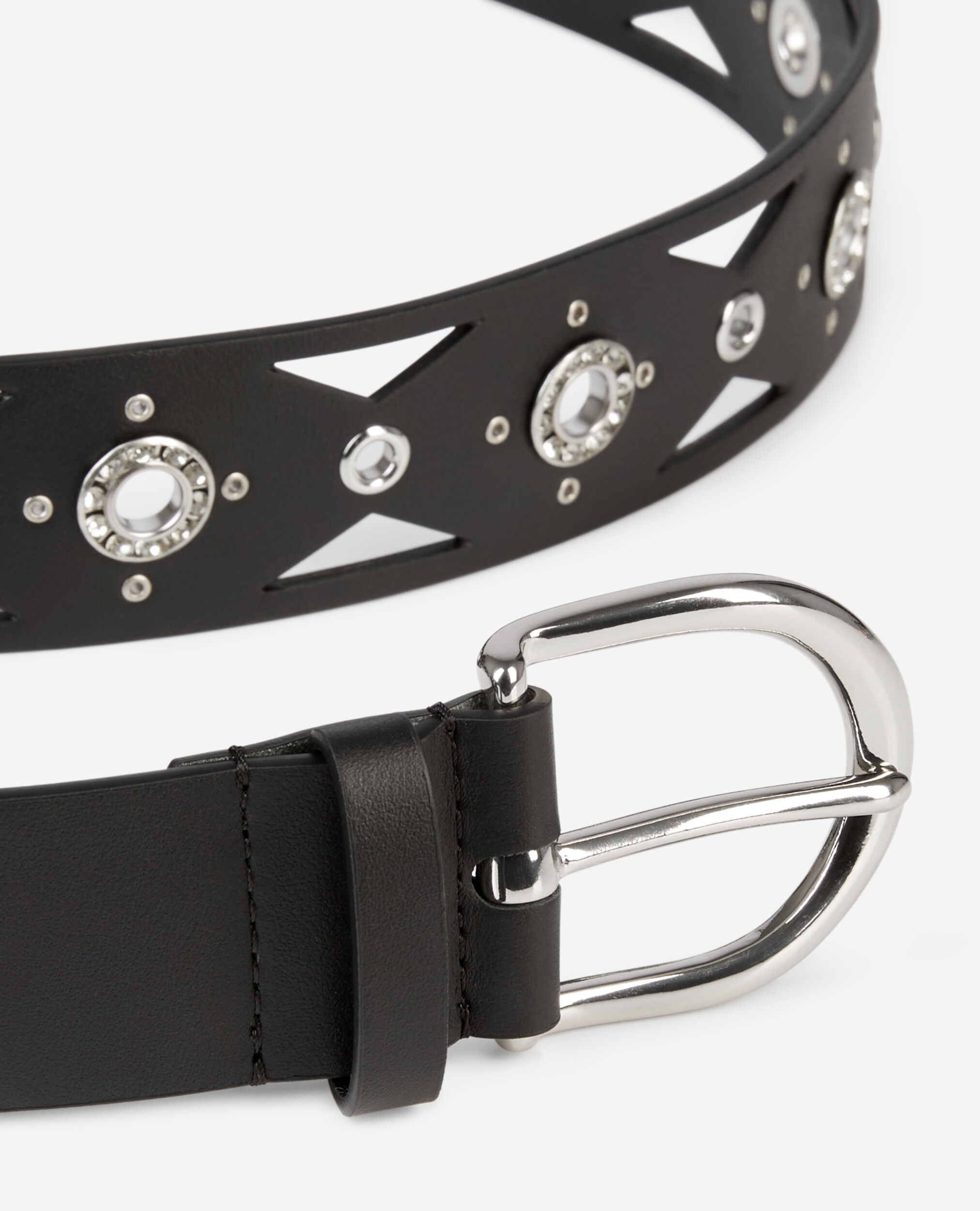 Black leather belt with cutouts and rhinestone eyelets, BLACK, hi-res image number null