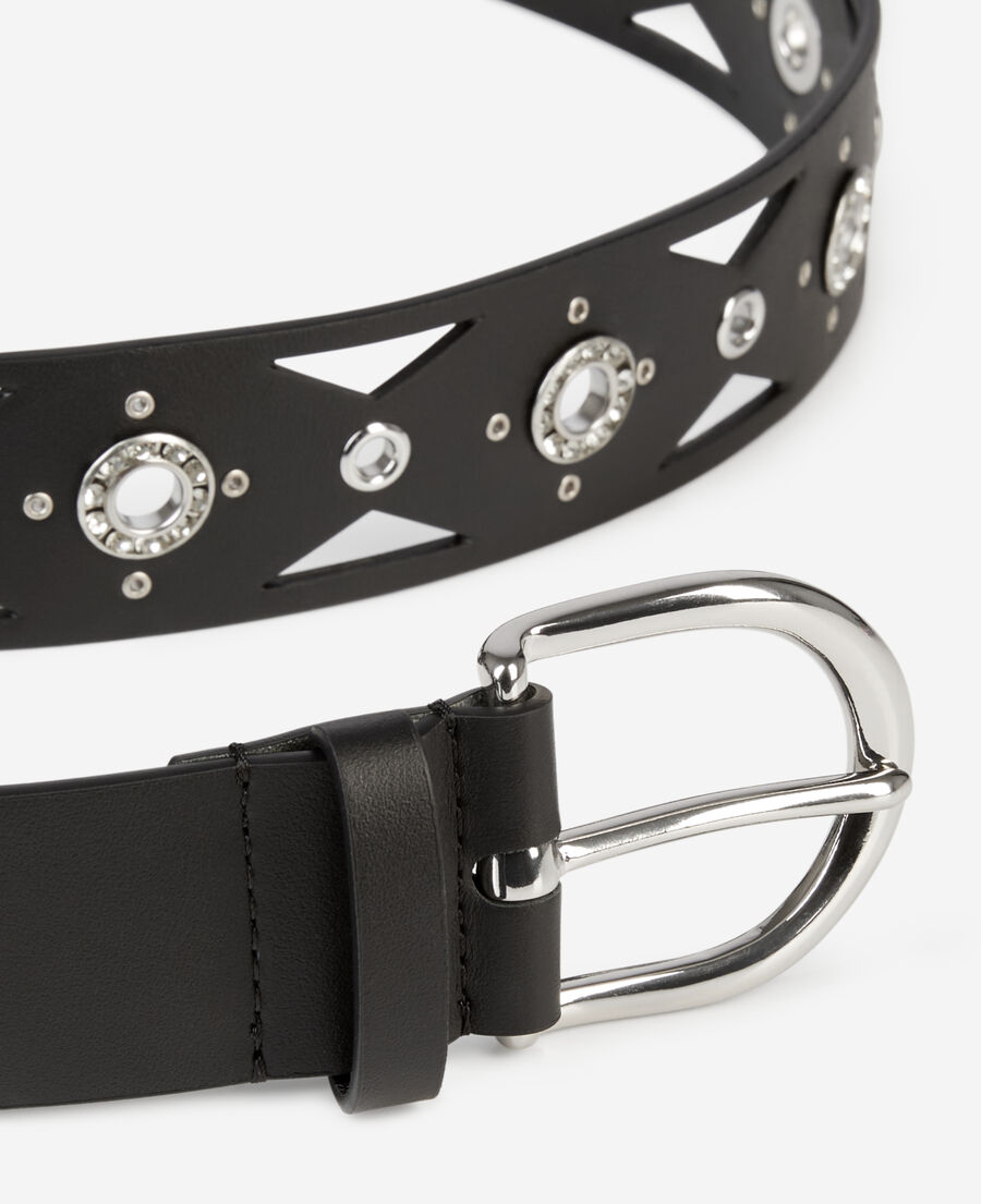 black leather belt with cutouts and rhinestone eyelets