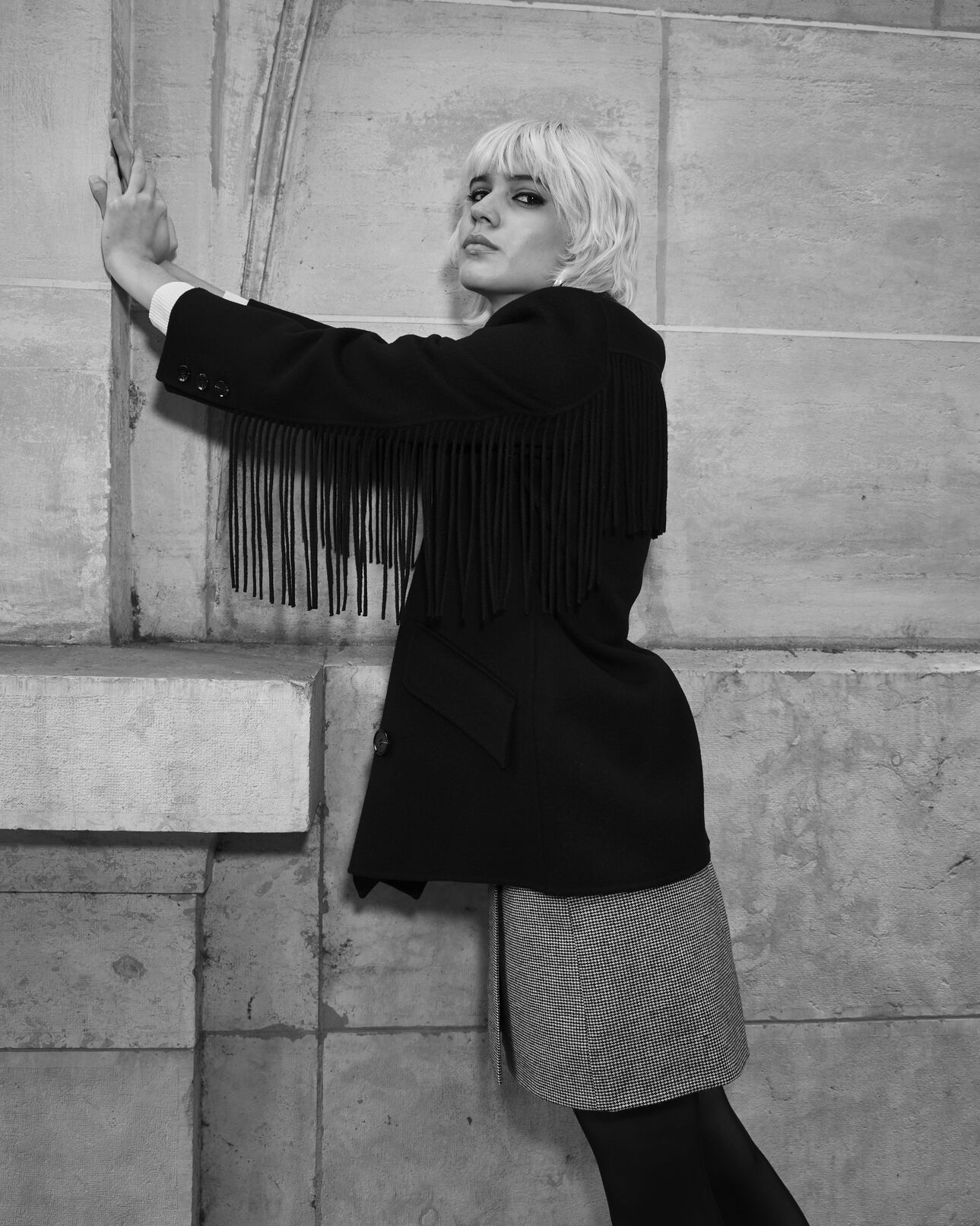 The Kooples FEMME BLACK manteau laine noir court à franges