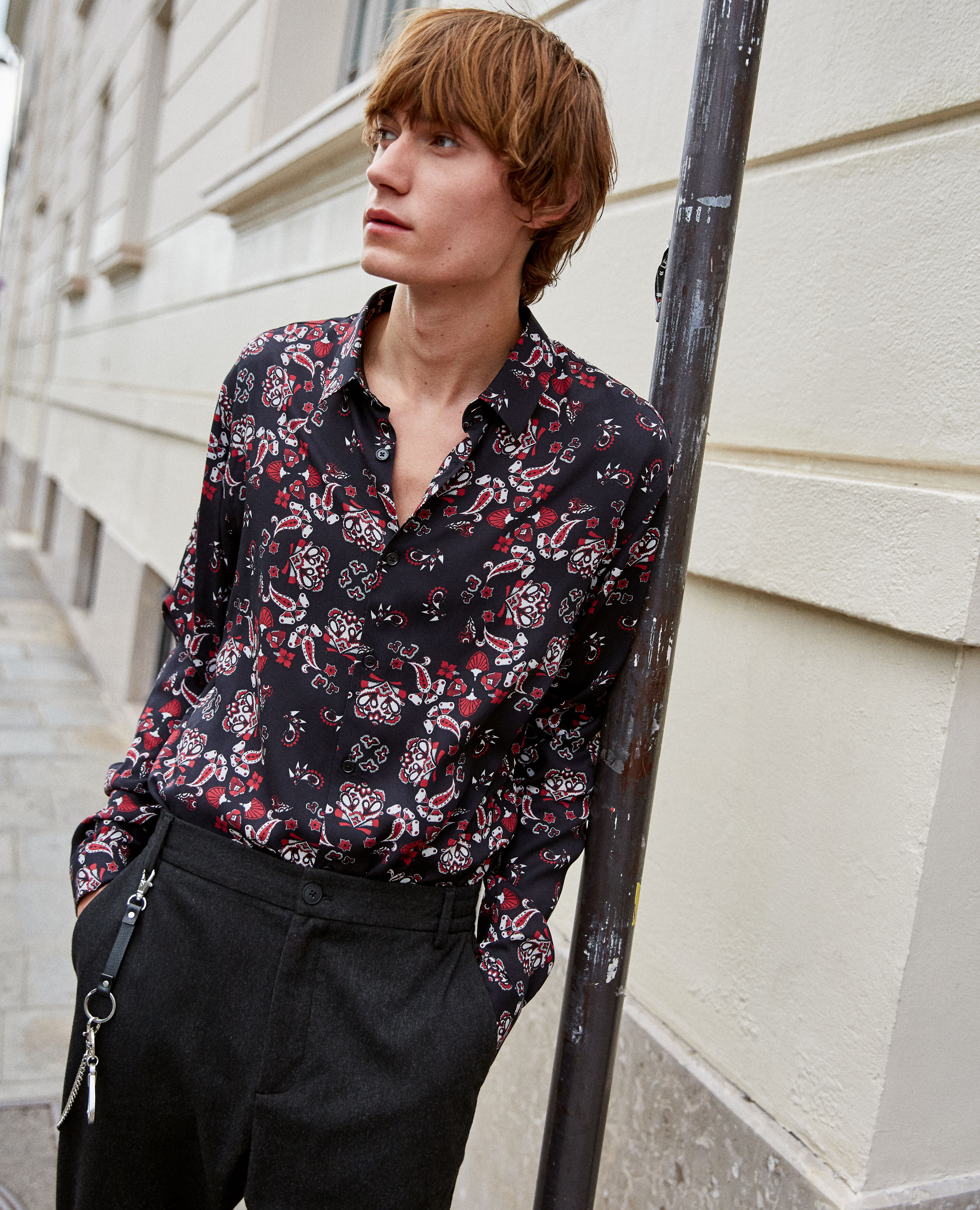 Printed viscose red motif long black shirt The Kooples Men