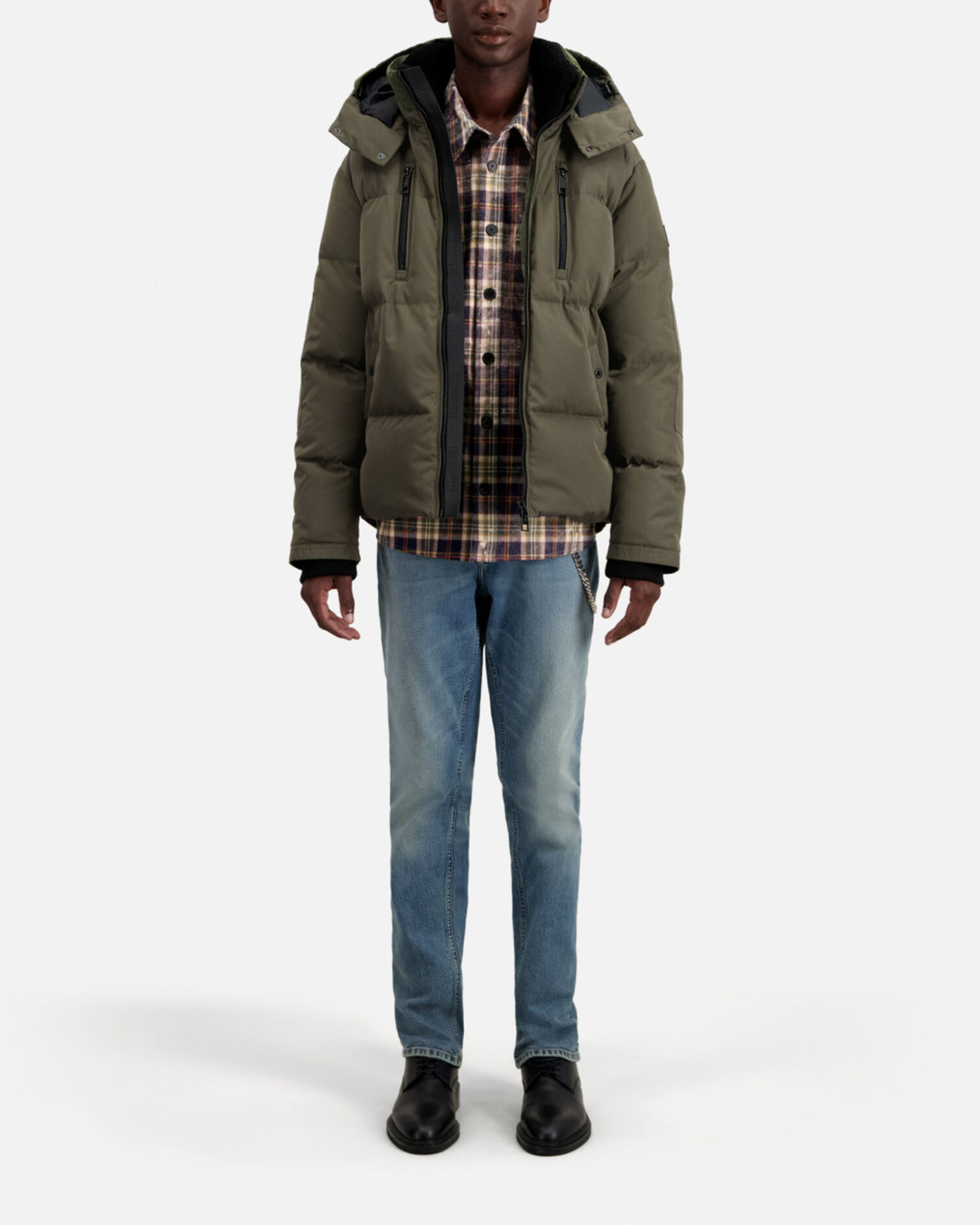 Khaki hooded puffer jacket, KAKI, hi-res image number null