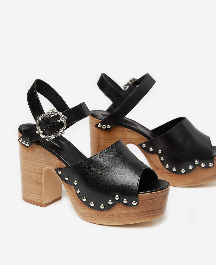 Leather and wood sandals with heels | The Kooples - US